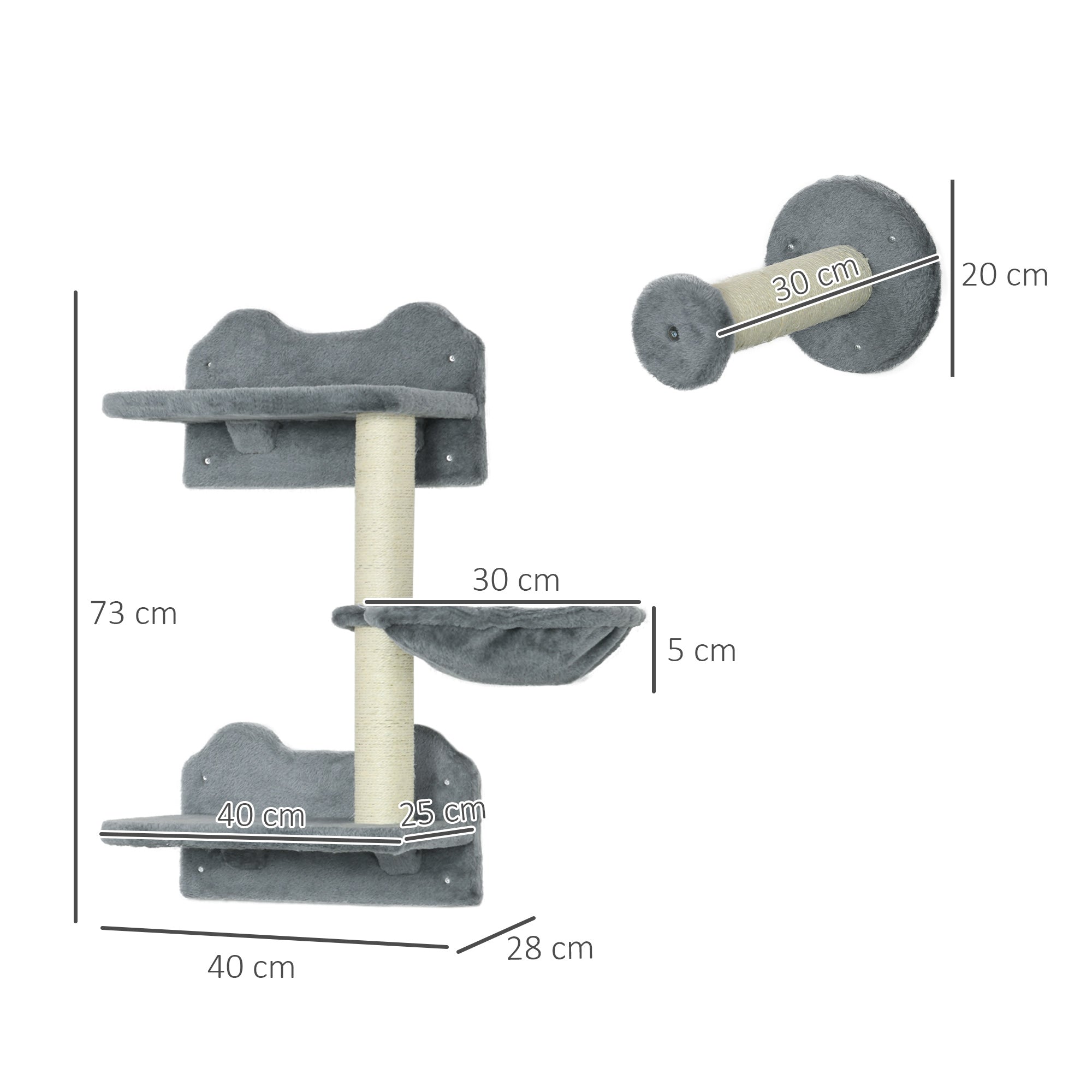 PawHut 4 Piece Cat Shelf with Scratching Post, Wall-Mounted Cat Tree for Indoor Cat - Grey - North Peak Garden Furniture