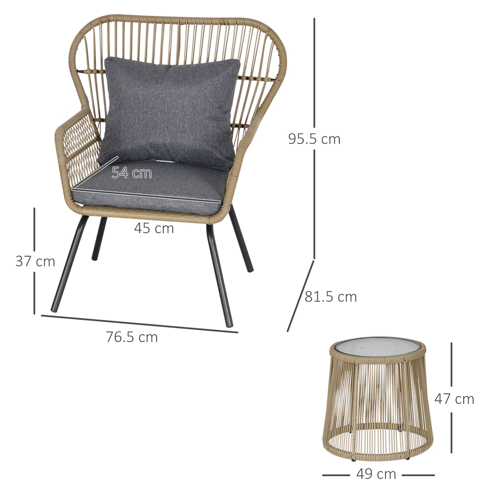 Outsunny 3 Pieces Rattan Bistro Set, Wicker Garden Furniture Set with Cushions, Glass Top Coffee Table and Chairs for Outdoor, Patio, Balcony, Brown - North Peak Garden Furniture