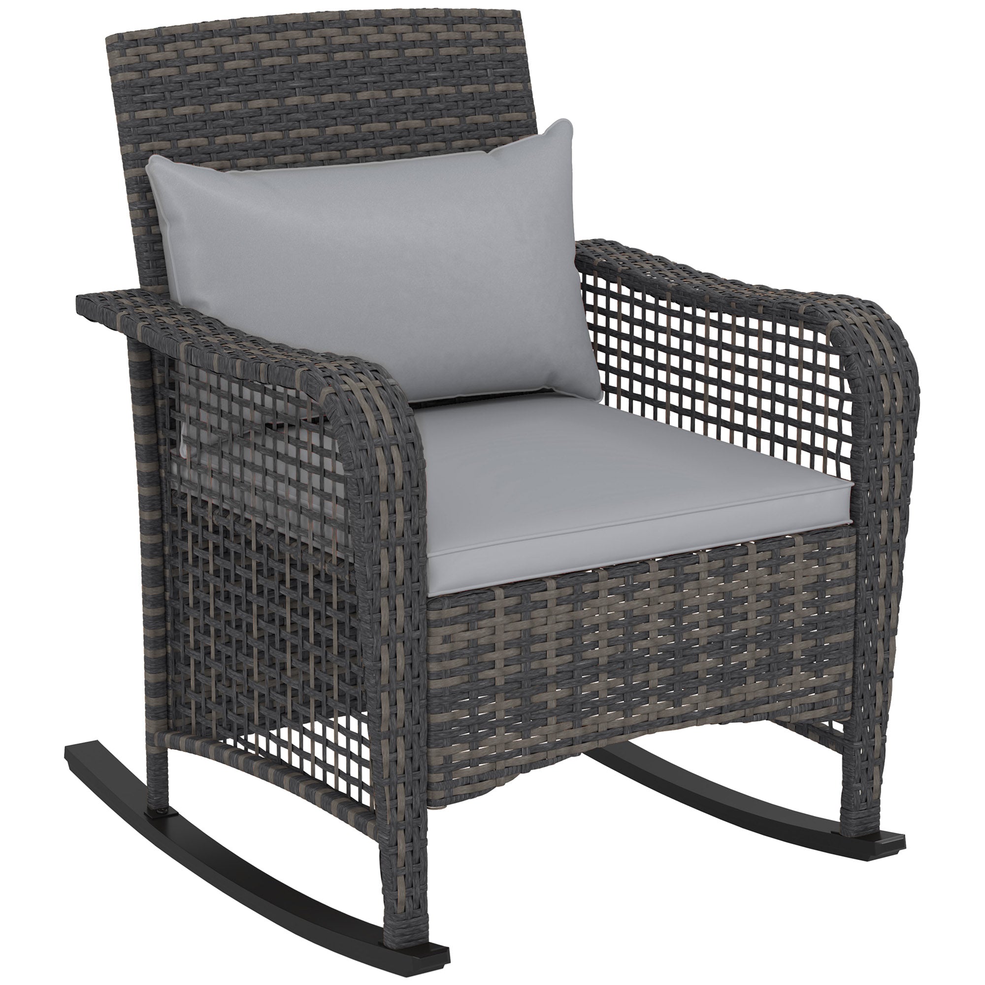 Outsunny Garden Rocking Chair, Outdoor Rattan Rocker Lounge Chair with Seat and Back Cushions, Patio Armchair Seat with All-weather Wicker, Steel Frame for Porch Balcony, Light Grey - North Peak Garden Furniture