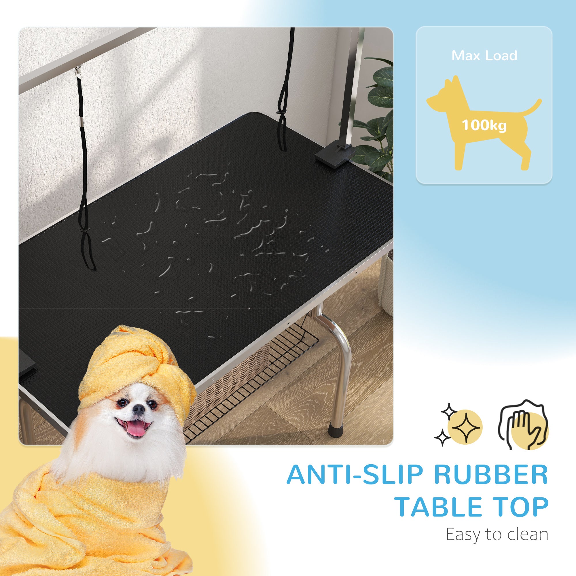 PawHut 42" Dog Grooming Table Adjustable Pet Cat Drying Beauty Table Rubber Top with 2 Loops Storage Basket Metal Black