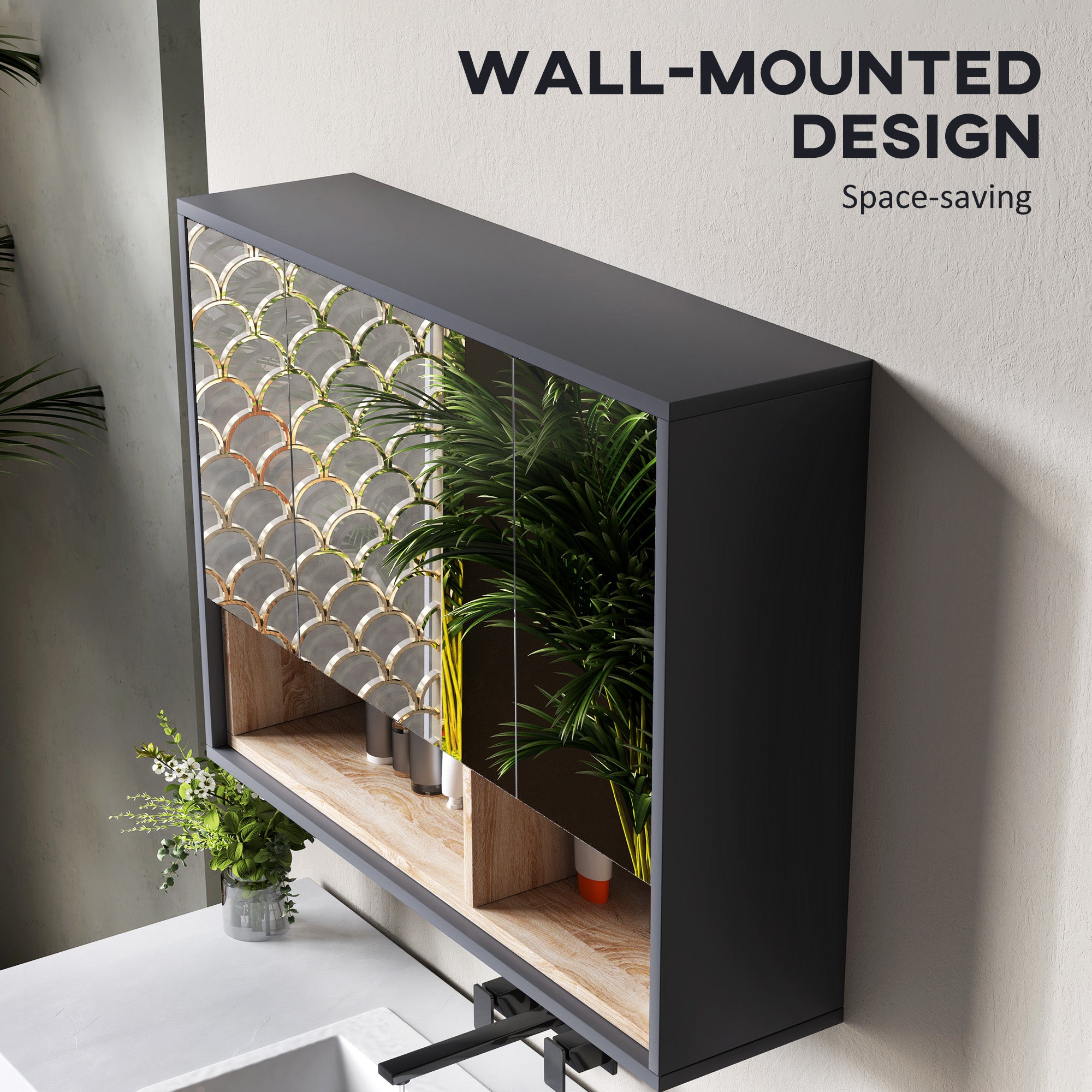 HOMCOM Bathroom Mirror Cabinet, Wall Mounted Bathroom Cabinet with Mirror, 3 Doors and Cupboards, Grey - North Peak Garden Furniture