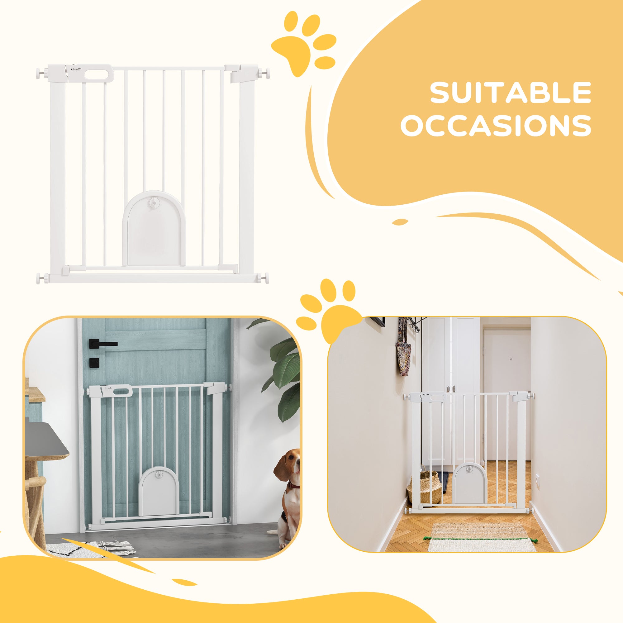 PawHut 75-82cm Pet Safet Gaye, Pressure Fit Stair, with Cat Flap, Double Locking, White - North Peak Garden Furniture