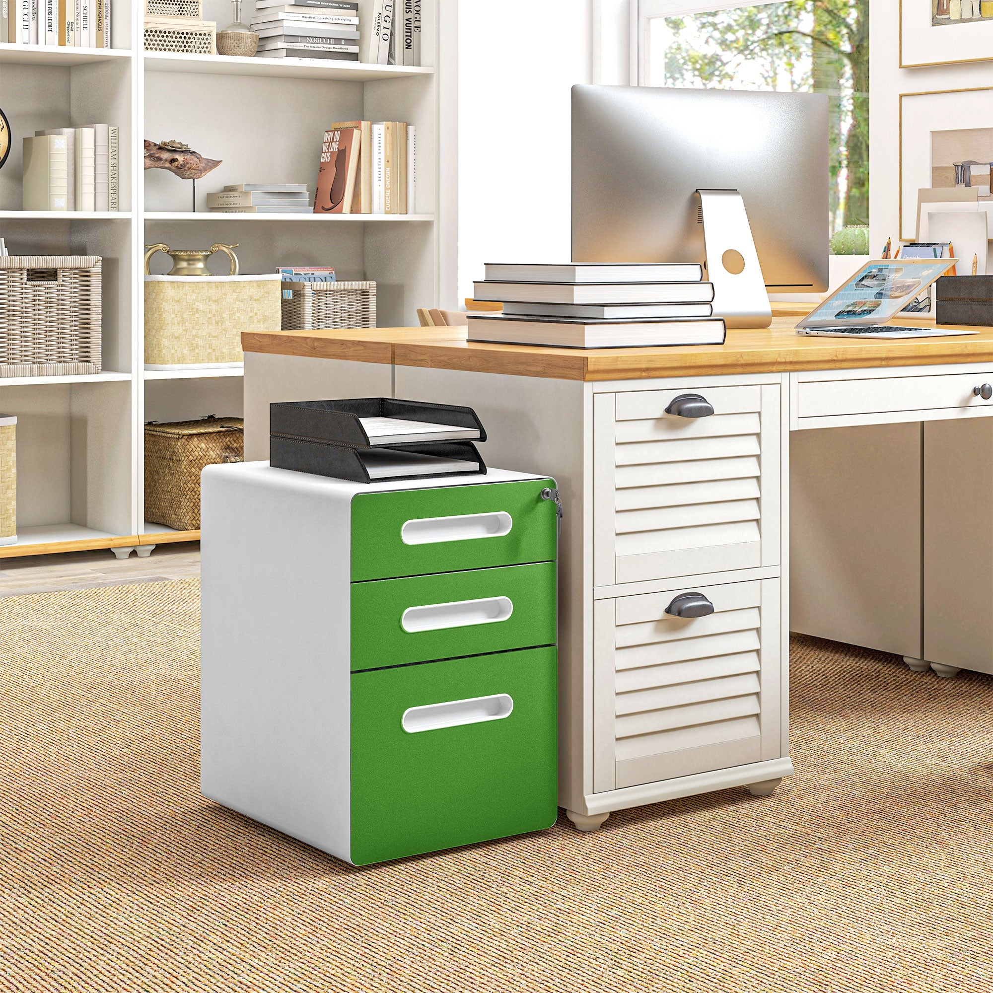 Vinsetto 3 Drawer Filing Cabinet, Steel Lockable File Cabinet with Lock and Wheels, for A4, Letter, Legal Sized Files, Green - North Peak Garden Furniture