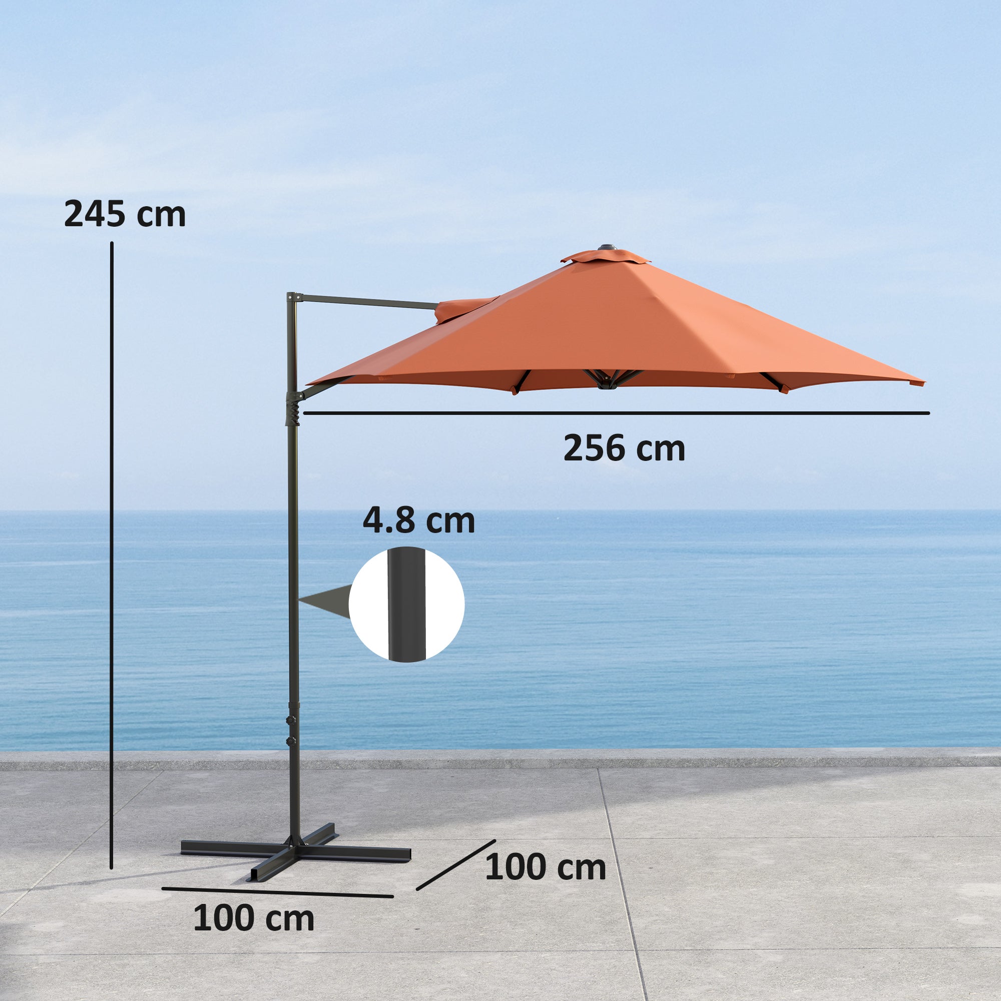 Outsunny 2.5M Garden Cantilever Parasol, Offset Roma Patio Umbrella Hanging Sun Shade Canopy Shelter with 360° Rotation and Cross Base, Orange - North Peak Garden Furniture