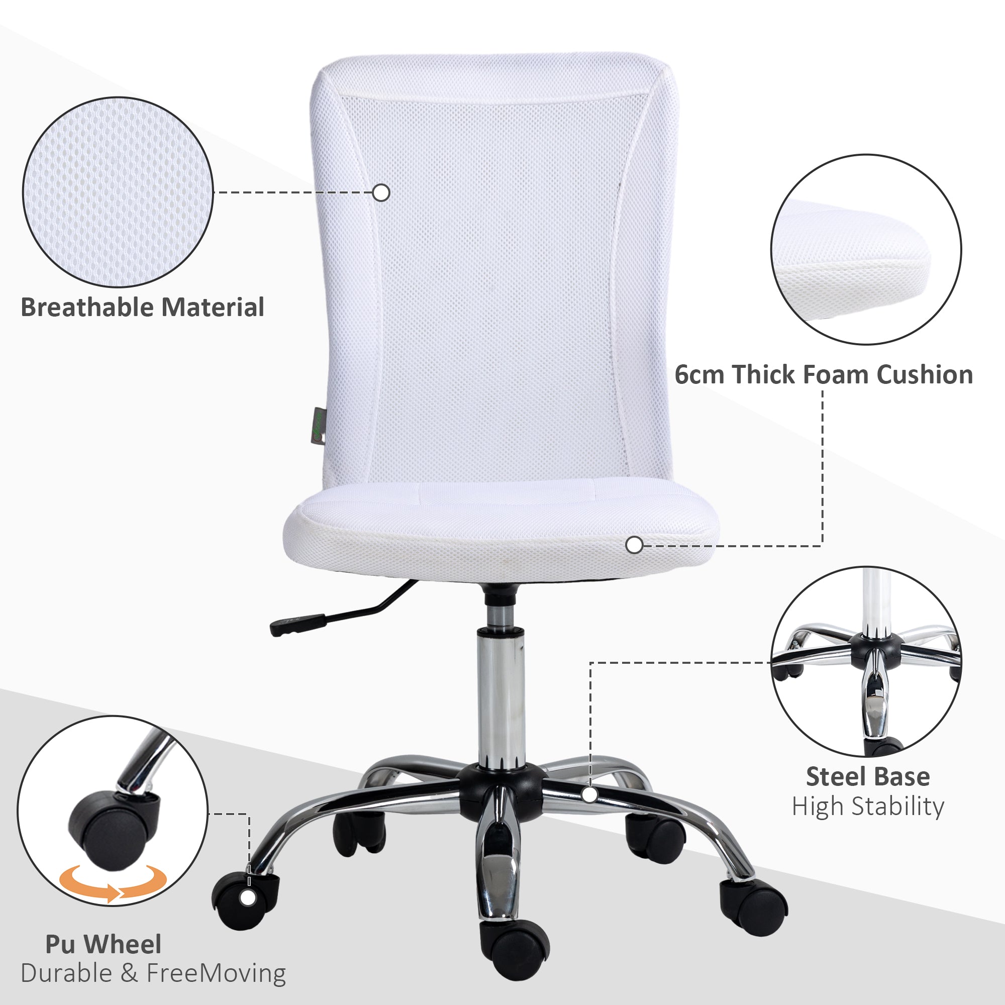 Vinsetto Computer Desk Chair, Mesh Office Chair with Adjustable Height and Swivel Wheels, Armless Study Chair, White - North Peak Garden Furniture