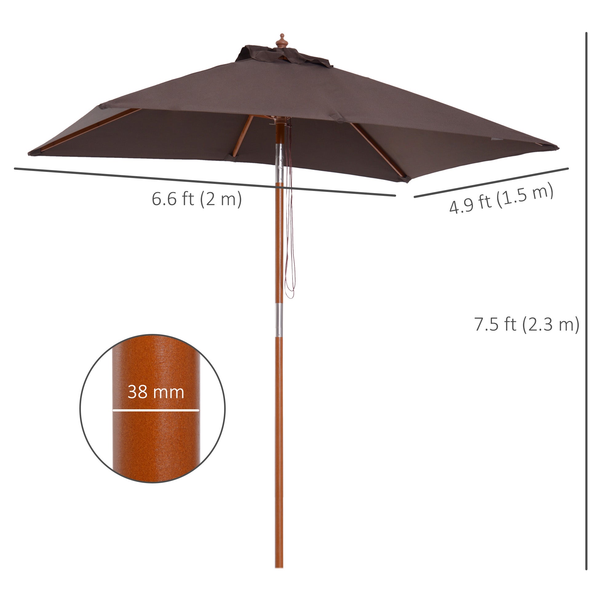 Outsunny 2m x 1.5m Garden Parasol Umbrella with Tilting Sunshade Canopy, Outdoor Market Table Umbrella with Wood and Bamboo Frame, Coffee - North Peak Garden Furniture
