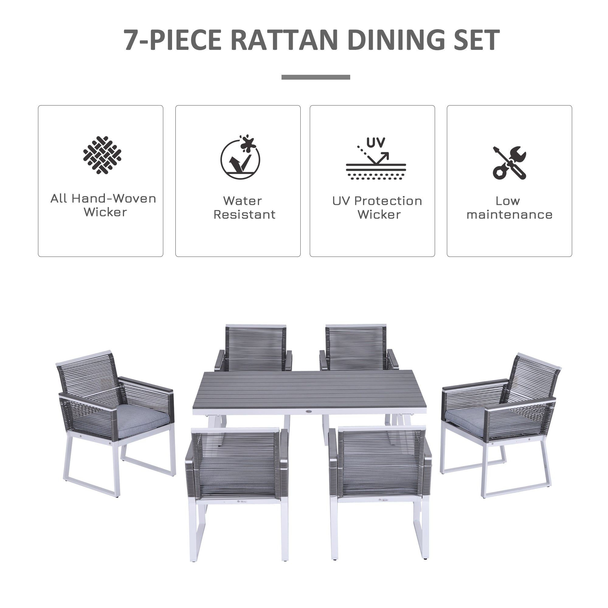 Outsunny 7 PCS Dining Set with 6 PE Rattan Cushioned Chairs & 1 Rectangle Table, Modern Outdoor Patio Furniture for Poolside, Porch, Patio, Balcony, Indoor