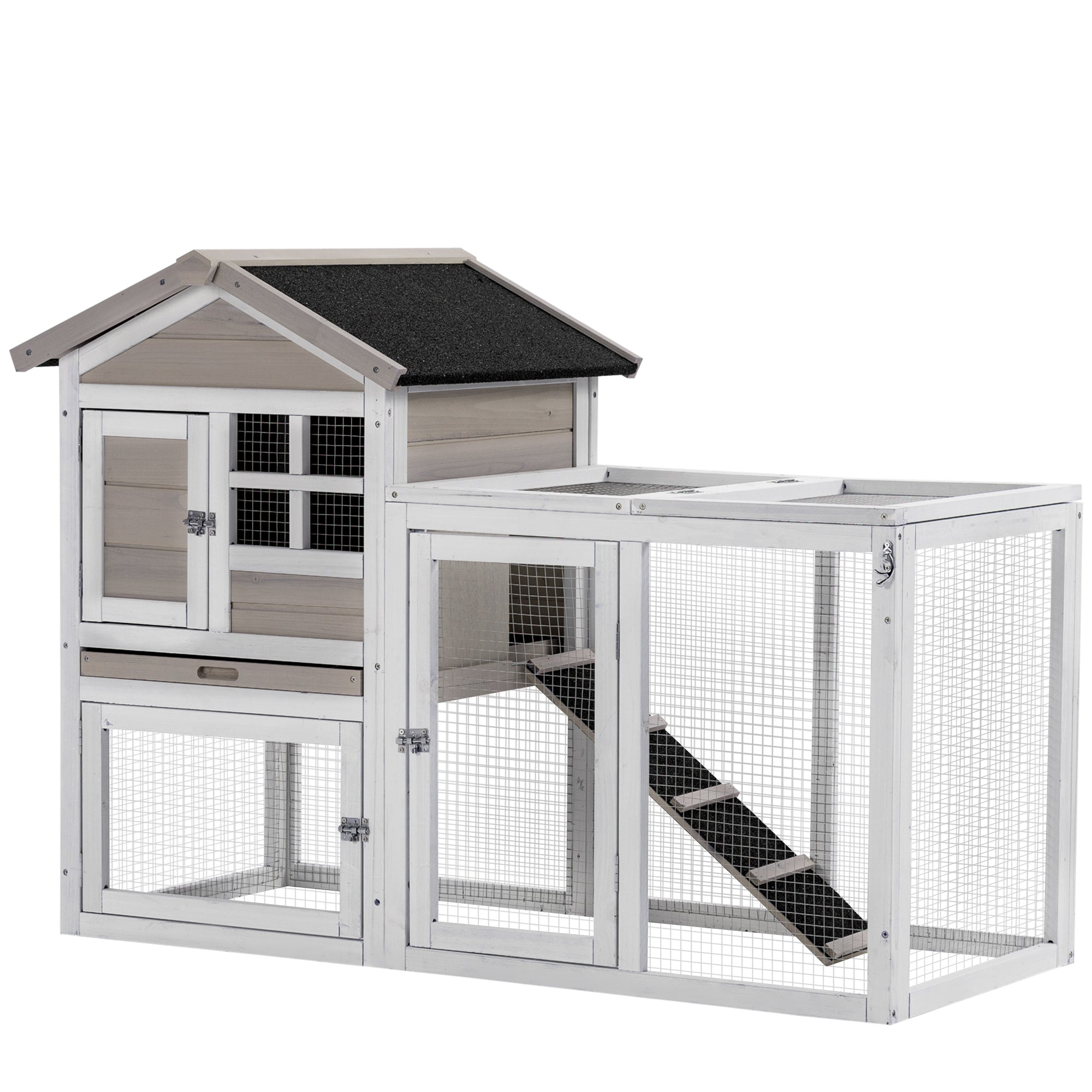 PawHut 2 in 1 Rabbit Hutch Outdoor Guinea Pig Hutch Bunny Run Double Main House with Run, No-Leak Tray 259 x 64 x 92cm, Grey - North Peak Garden Furniture