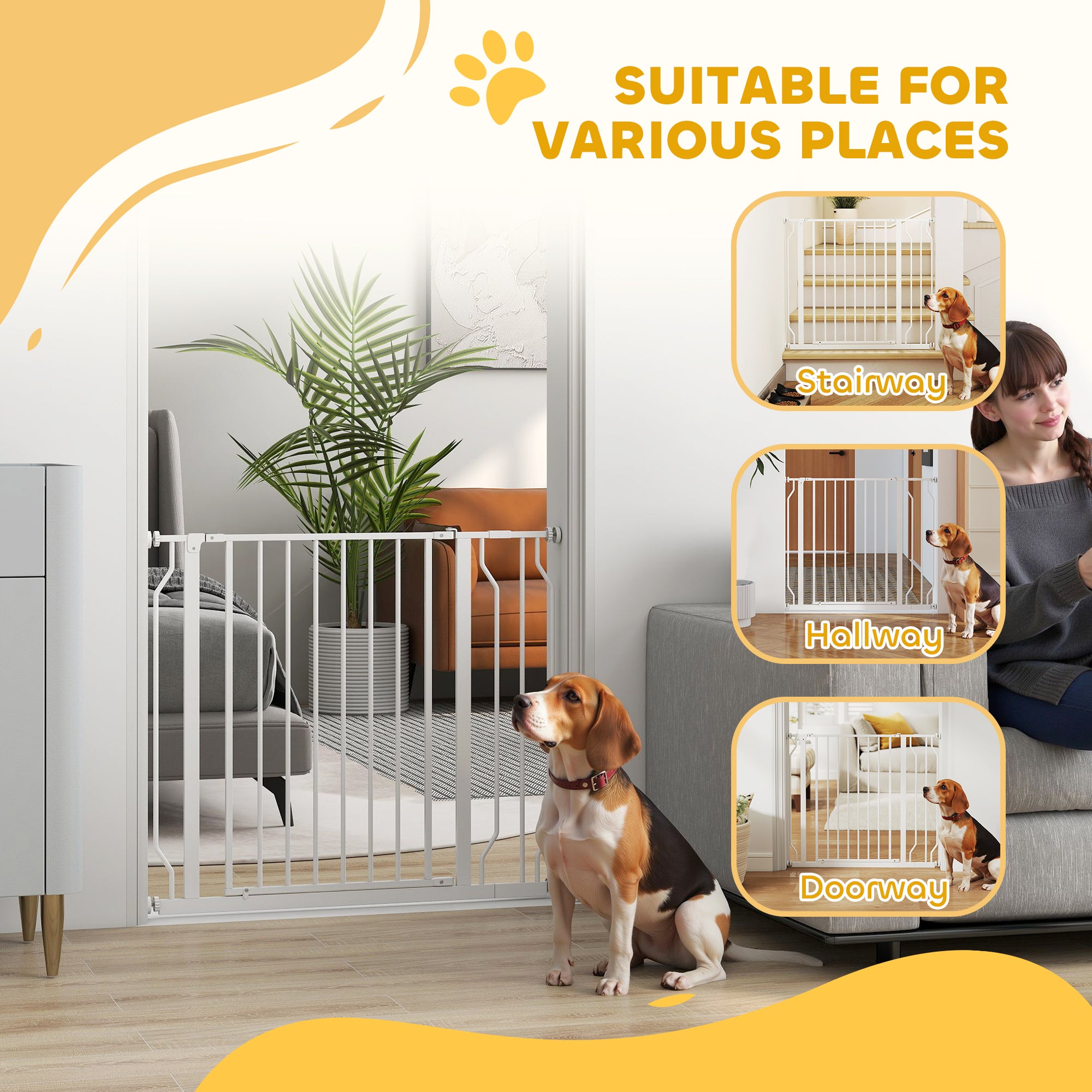 PawHut Wide Dog Safety Gate, with Door Pressure, for Doorways, Hallways, Staircases - White - North Peak Garden Furniture
