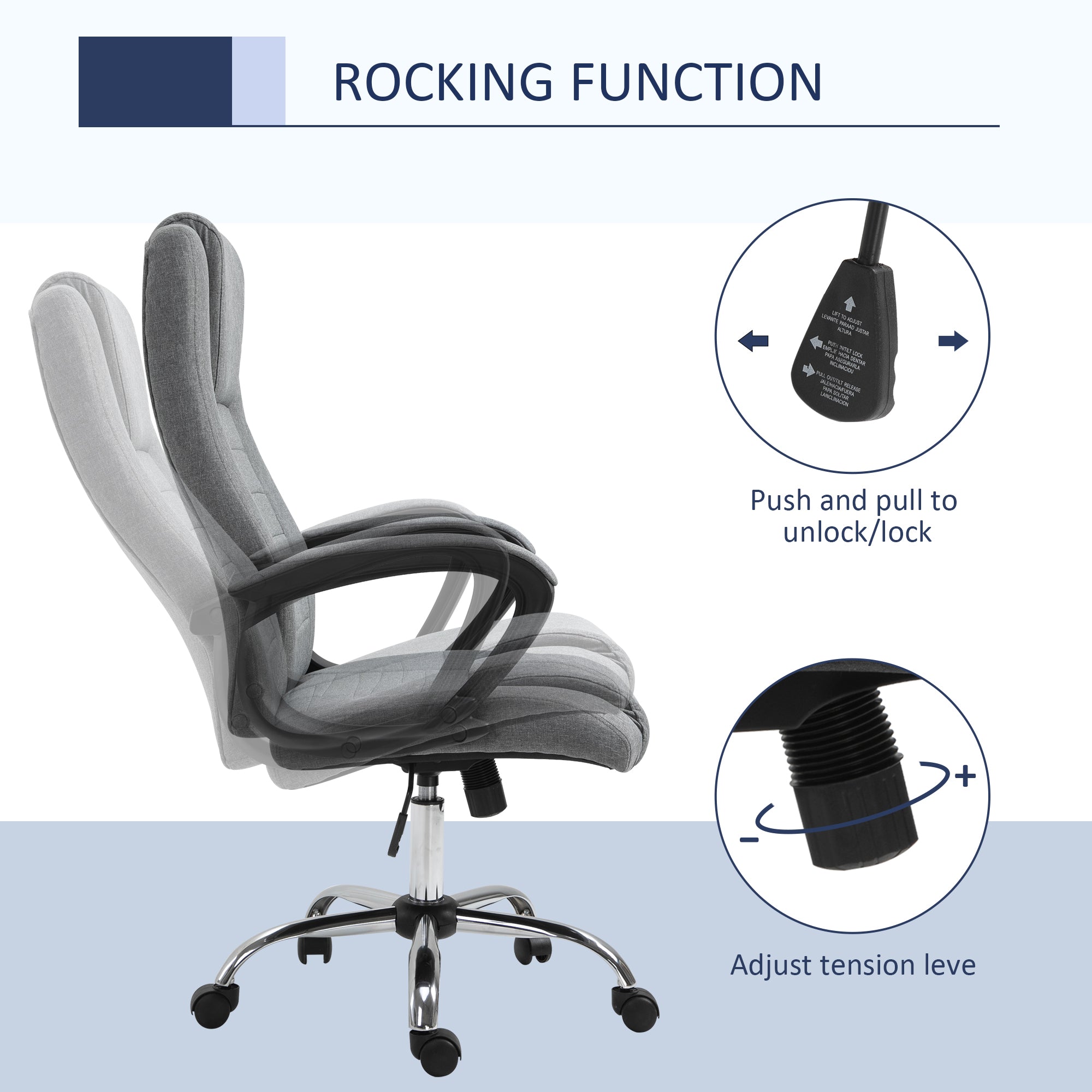 Vinsetto Office Chair, Computer Desk Chair, Linen Fabric Swivel Chair with Adjustable Height, Rolling Wheels for Home and Study, Grey - North Peak Garden Furniture