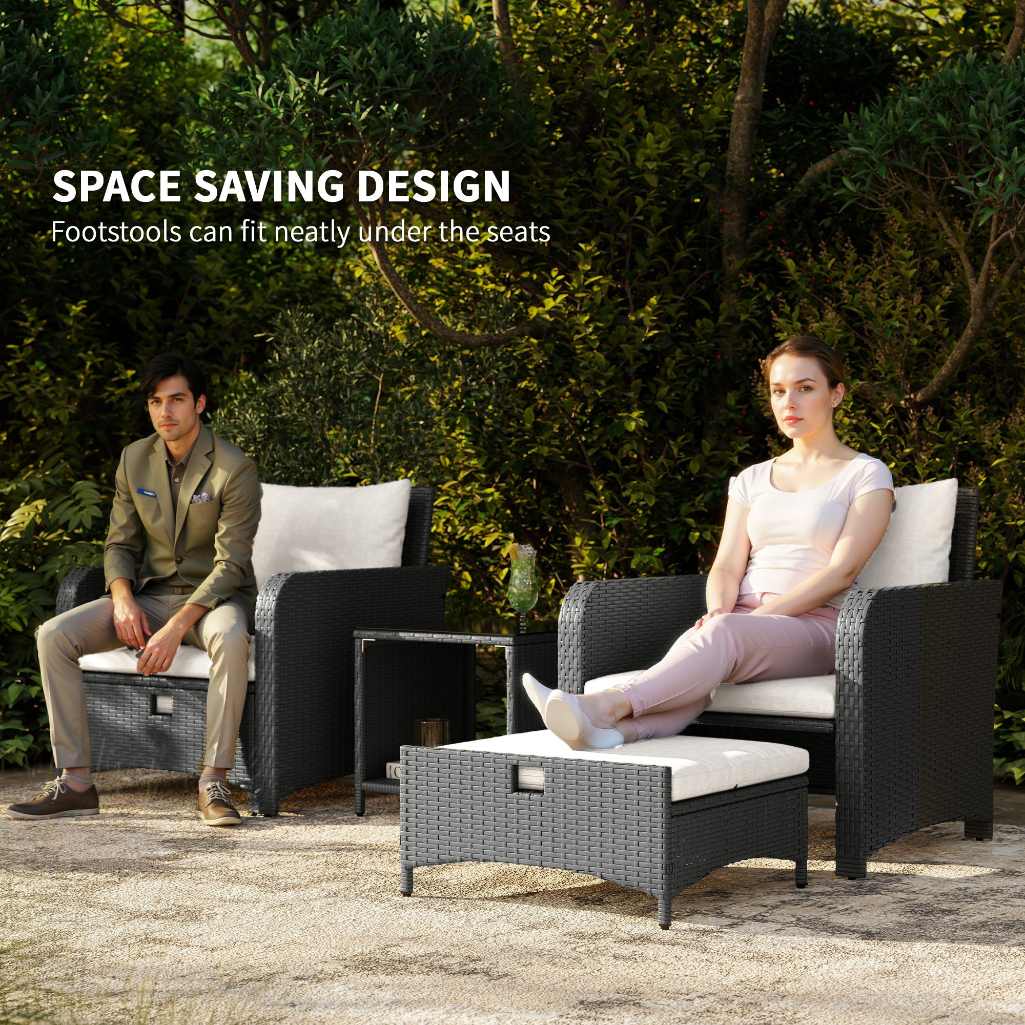 Outsunny Five Piece Rattan Garden Furniture Set with 2-Tier Coffee Table and Ottomans - Cream White - North Peak Garden Furniture