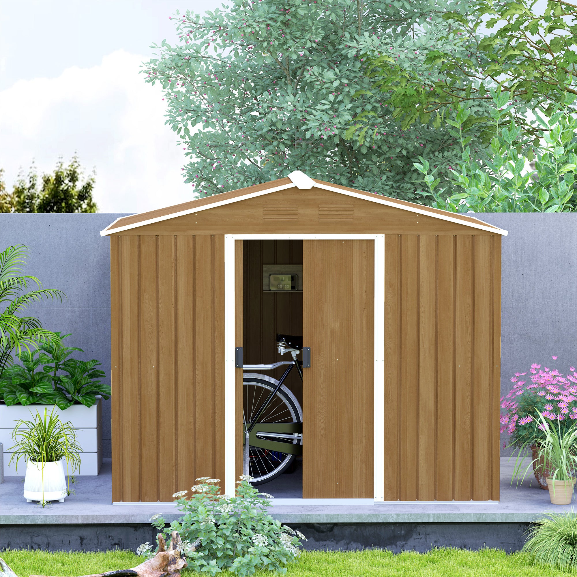 Outsunny 8 x 6ft Outdoor Garden Storage Shed, Metal Tool House with Ventilation and Sliding Doors Chocolate Wood Effect - North Peak Garden Furniture
