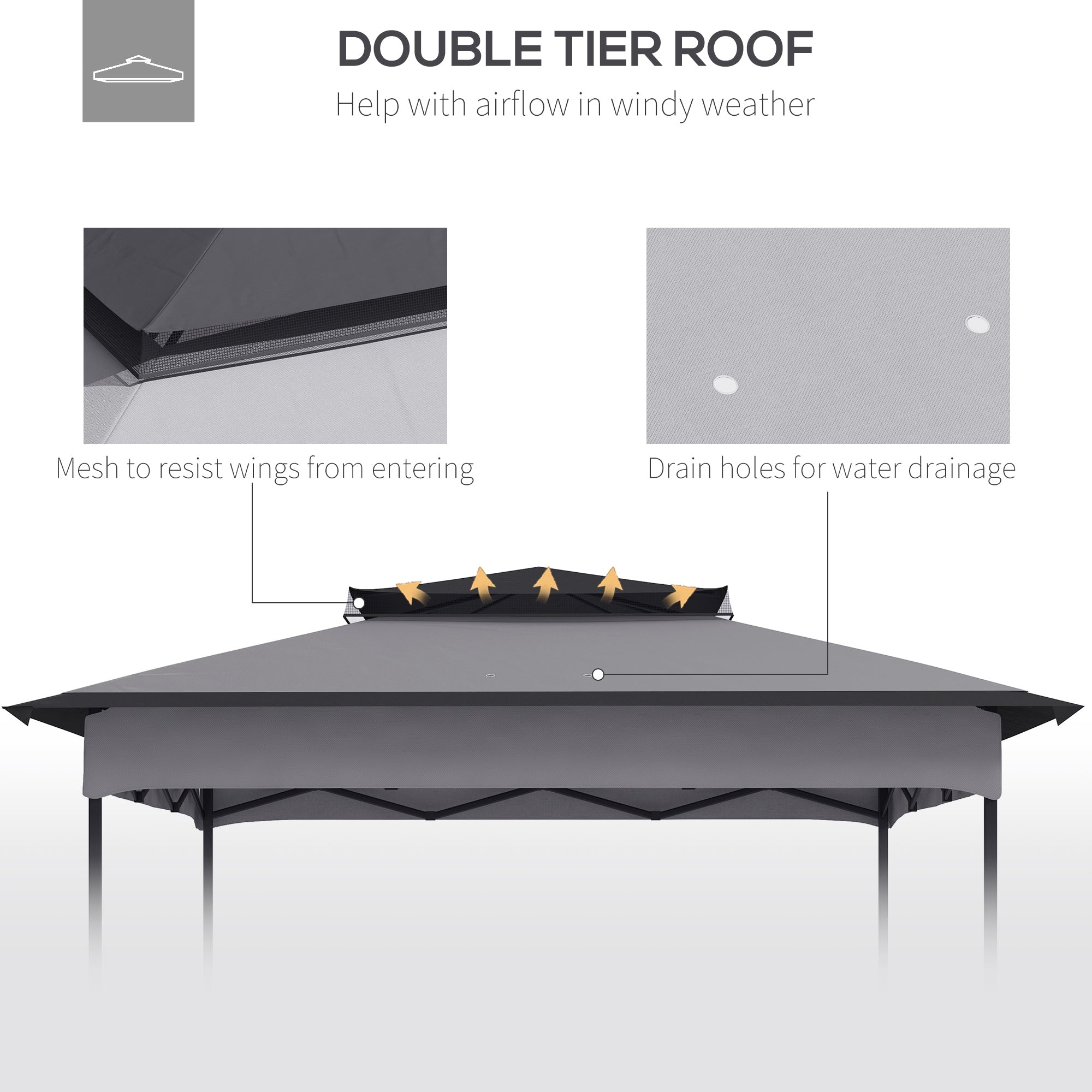 Outsunny Pop up Gazebo Cover, 2-Tier Gazebo Roof Replacement for 3.25m x 3.25m Frame, 30+ UV Protection, Grey - North Peak Garden Furniture