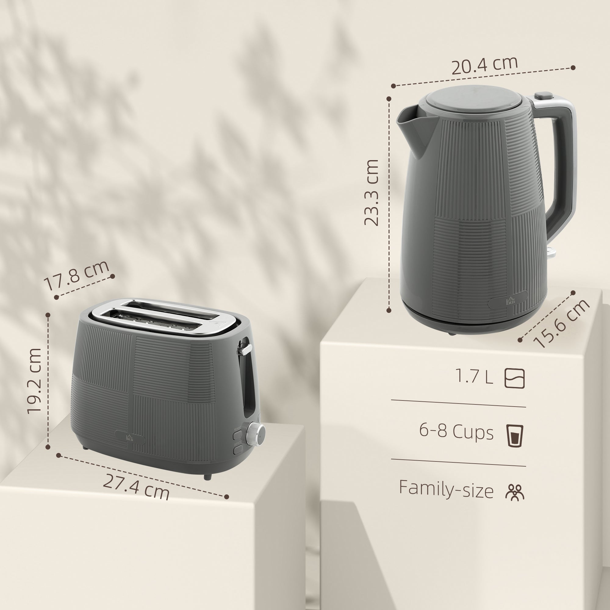 HOMCOM Kettle and Toaster Set, 1.7L 3000W Fast Boil Kettle & 2 Slice Toaster Kitchen Set with 7 Level Browning Controls, Defrost, Reheat, Boil-dry Protection, Grey - North Peak Garden Furniture