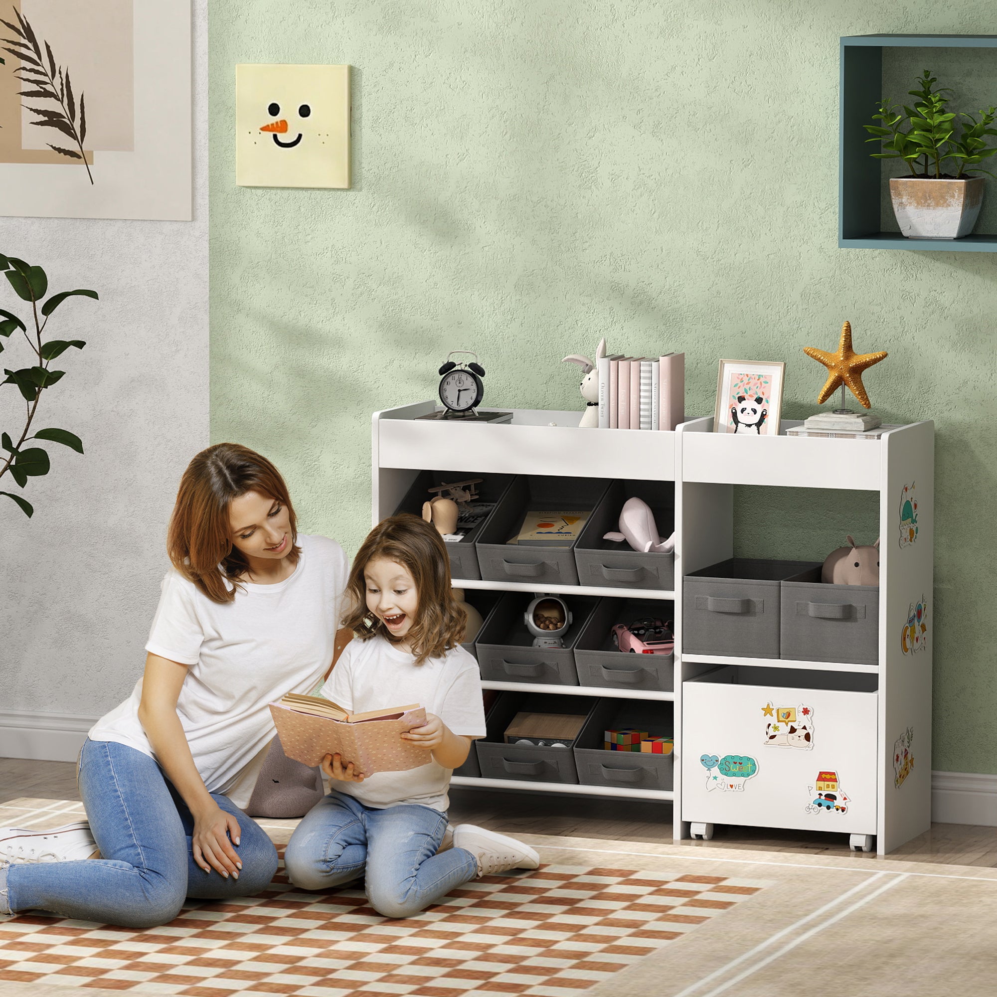 AIYAPLAY Kids Toy Storage Unit with 11 Bins, Cabinet, Top Shelves, 3 Stickers, for Nursery, Playroom, Kindergarten, White - North Peak Garden Furniture