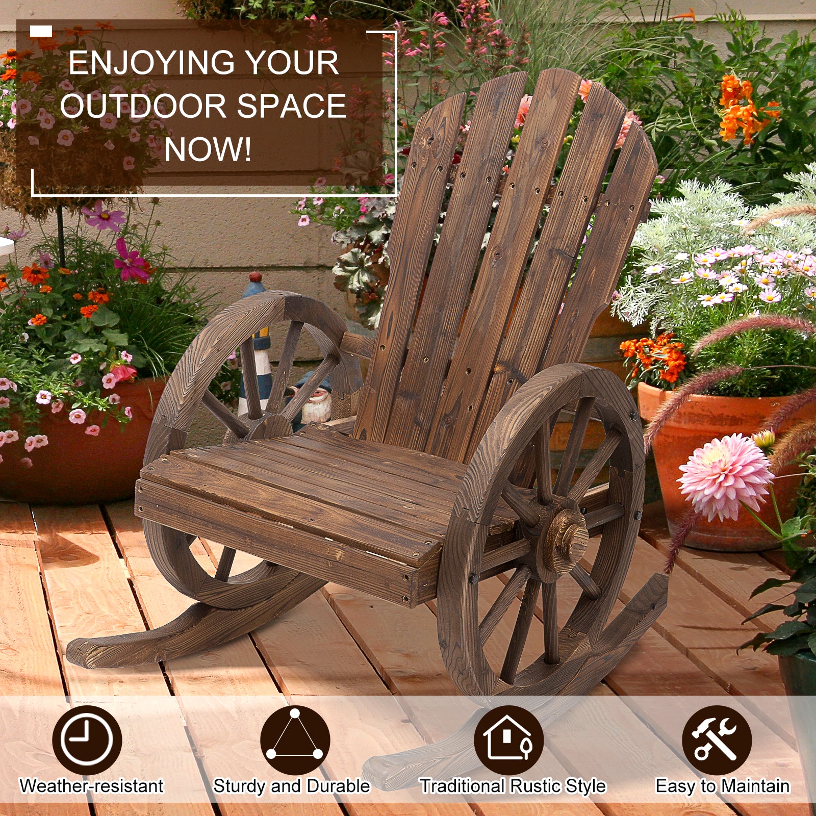 Outsunny Wooden Adirondack  Rocking Chair Reclining Armchair Outdoor Garden Furniture Patio Porch Rocker - Carbonized Wood Colour