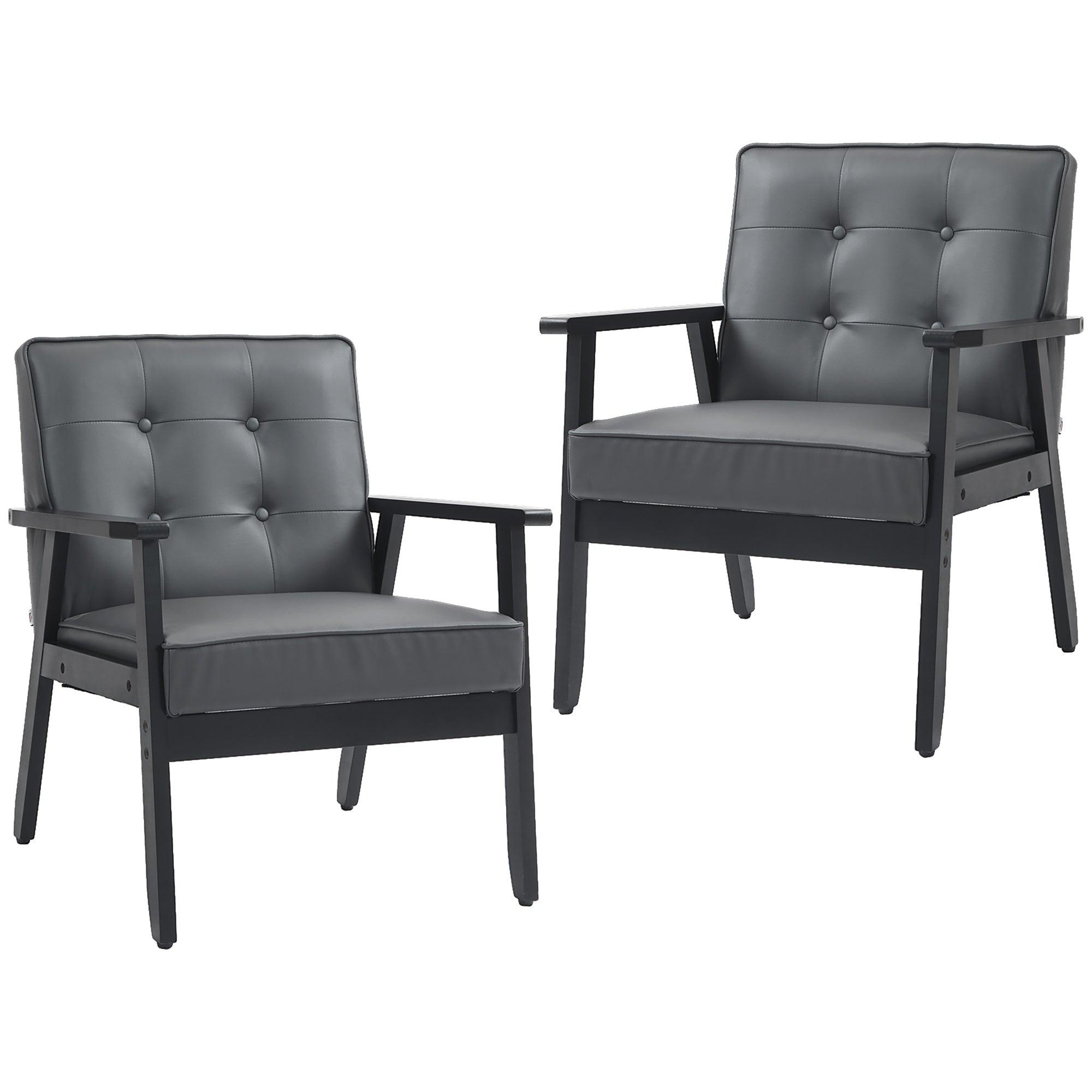 HOMCOM 2 Pieces Armchairs, PU Leather Accent Chairs, Occasional Chairs with Beech Wood Frame for Living Room, Reception, Bedroom, Balcony, Grey - North Peak Garden Furniture