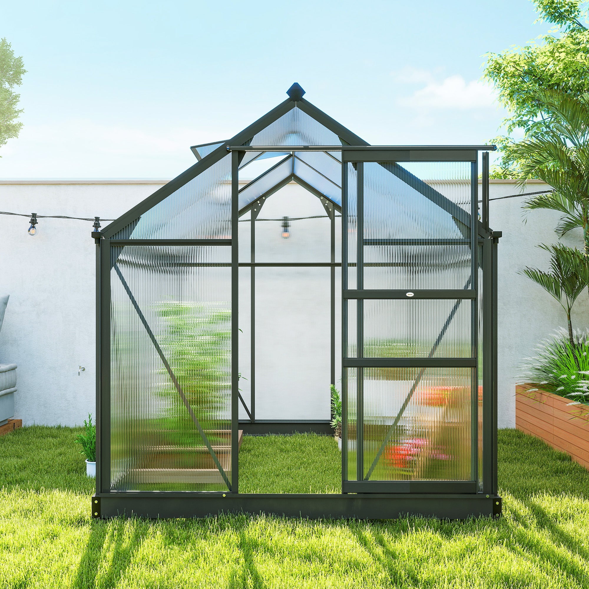 Outsunny 6 x 6ft Polycarbonate Greenhouse, Large Walk-In Green House with Slide Door and Window, Garden Plants Grow House with Aluminium Frame and Foundation, Grey