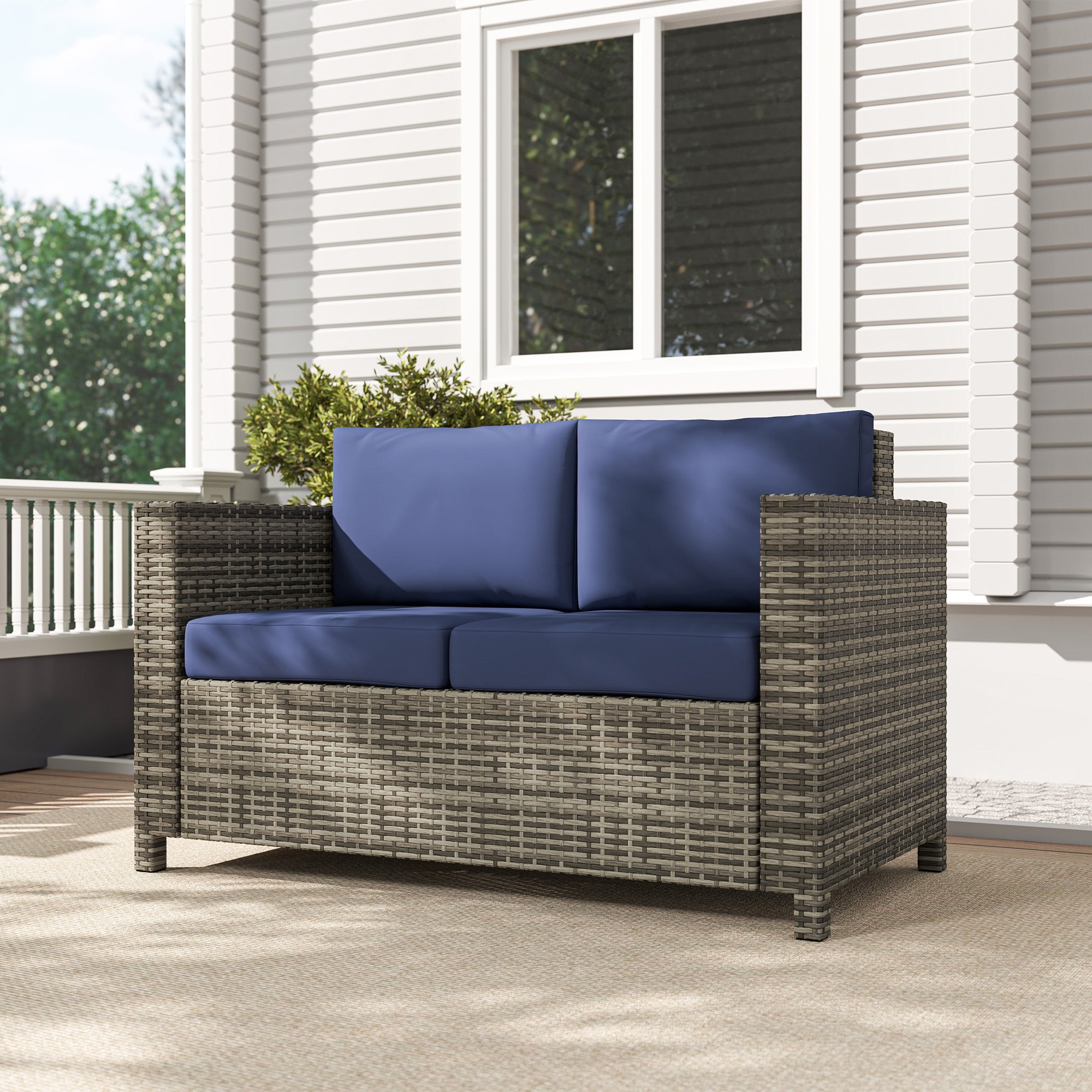 Outsunny 2 Seater Garden Furniture, Rattan Sofa with Soft Padded Cushion and Armrests, Wicker Garden Loveseat for Patio, Navy Blue - North Peak Garden Furniture