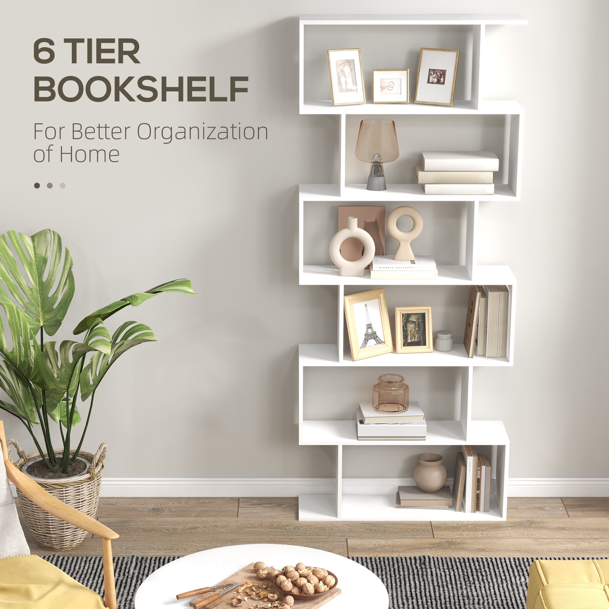 HOMCOM Wooden Wood S Shape Storage Display 6 Shelves Room Divider Unit Chest Bookshelf Bookcase Cupboard Cabinet Home Office Furniture (White) - North Peak Garden Furniture
