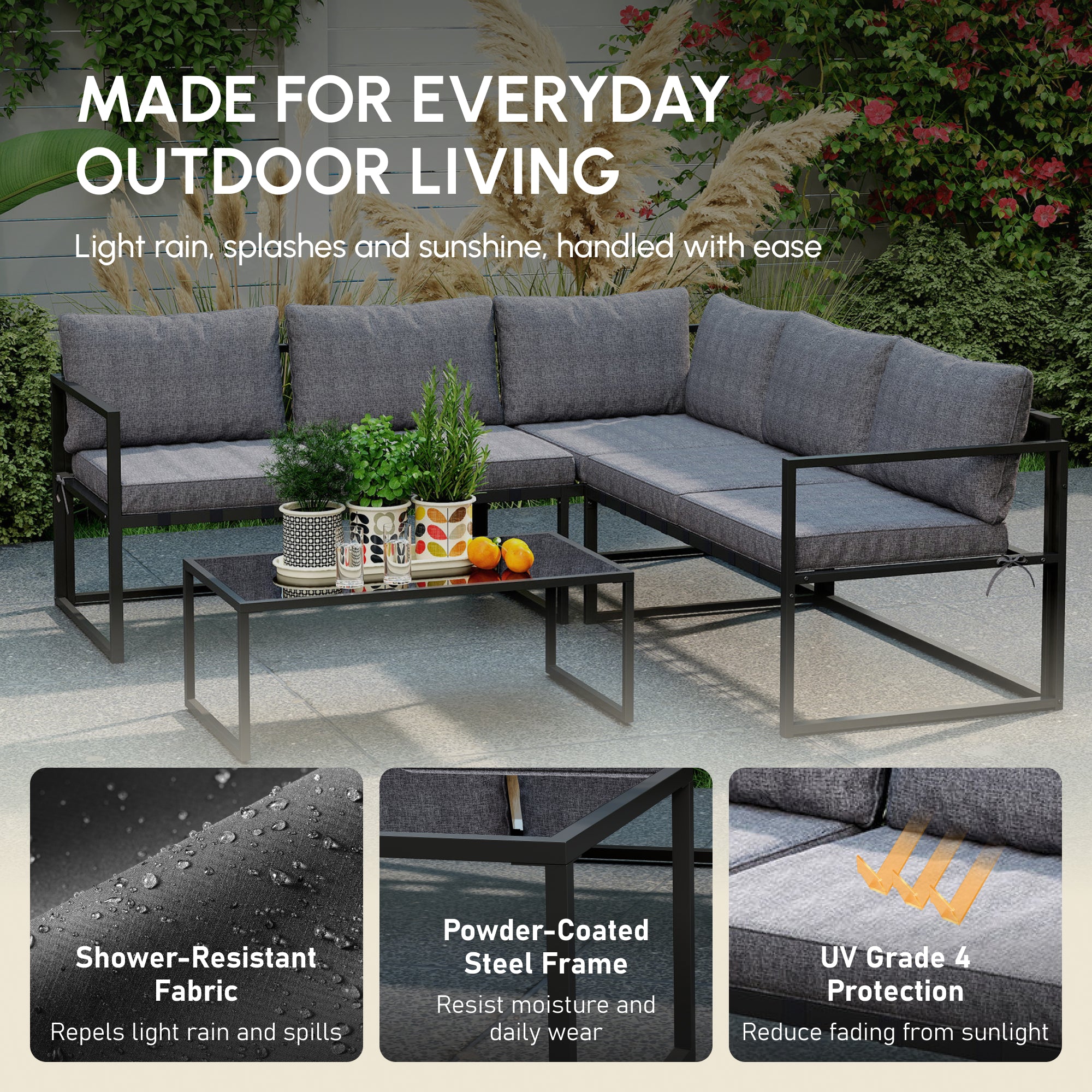 Outsunny Three-Piece L Shaped Garden Furniture Set with Cushions - Grey