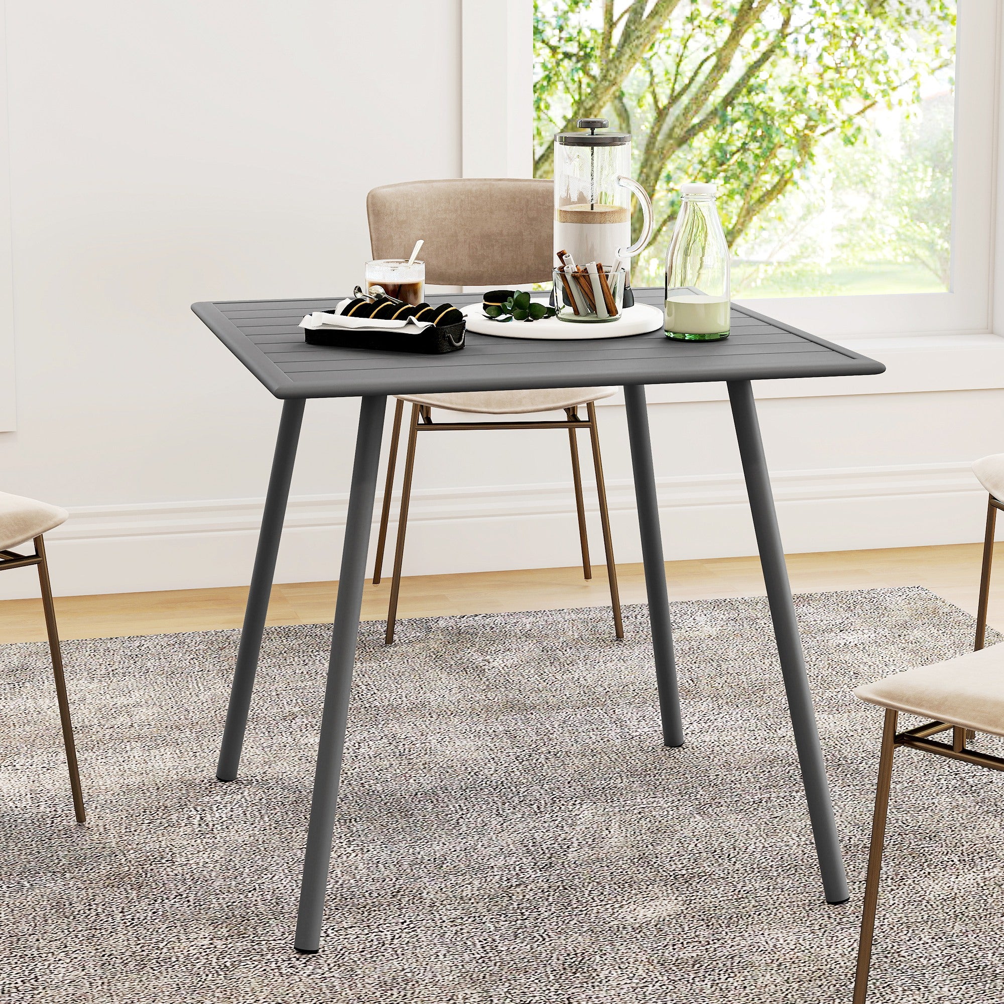 Outsunny Square Garden Table with Slat Top, Steel Frame, Outdoor Table for 4 Person, 80 x 80 x 74 cm, Grey - North Peak Garden Furniture