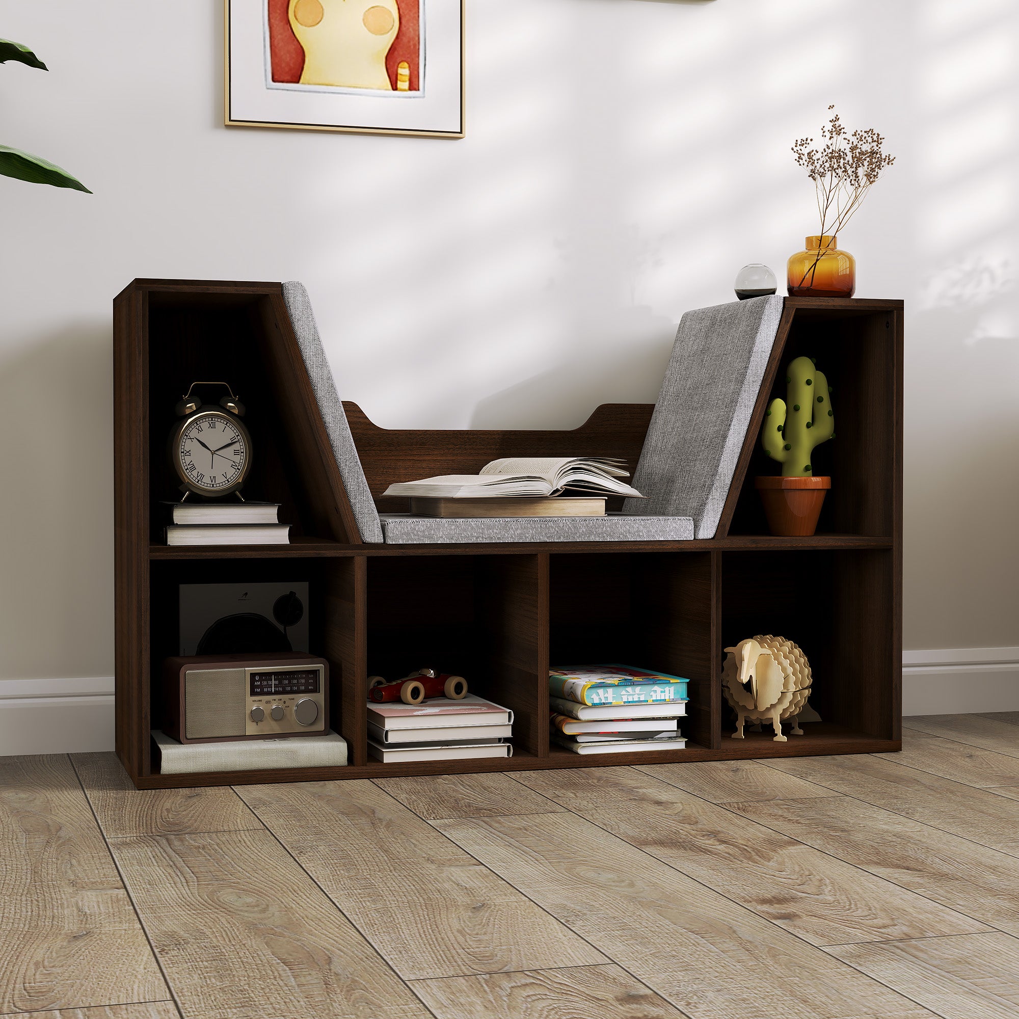 HOMCOM Bookcase Storage Shelf with Cushioned Reading Seat, Cube Bookshelf Organizer for Bedroom Living Room, Chestnut - North Peak Garden Furniture