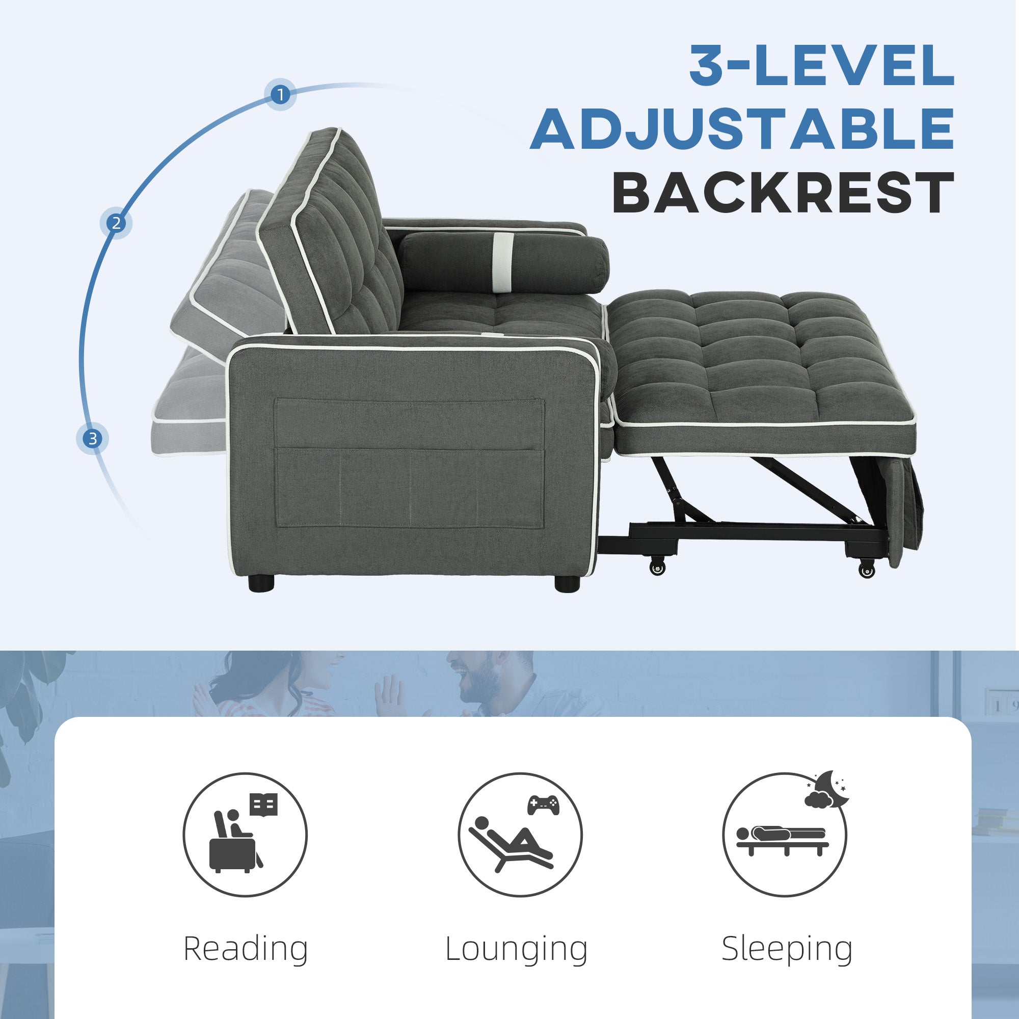 HOMCOM Two-Seater Linen-Look Sofa Bed - Charcoal Grey - North Peak Garden Furniture