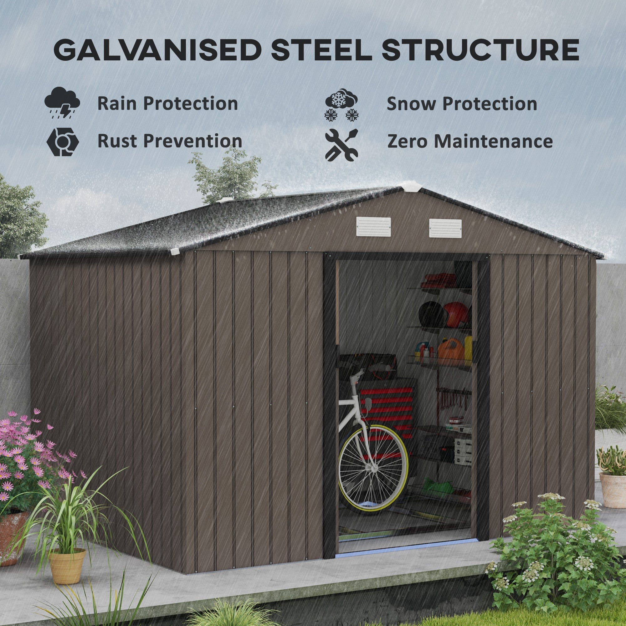 Outsunny 9 x 6ft Metal Garden Shed, Outdoor Storage Tool House with Ventilation Slots, Foundation Kit and Lockable Double Doors, Brown - North Peak Garden Furniture