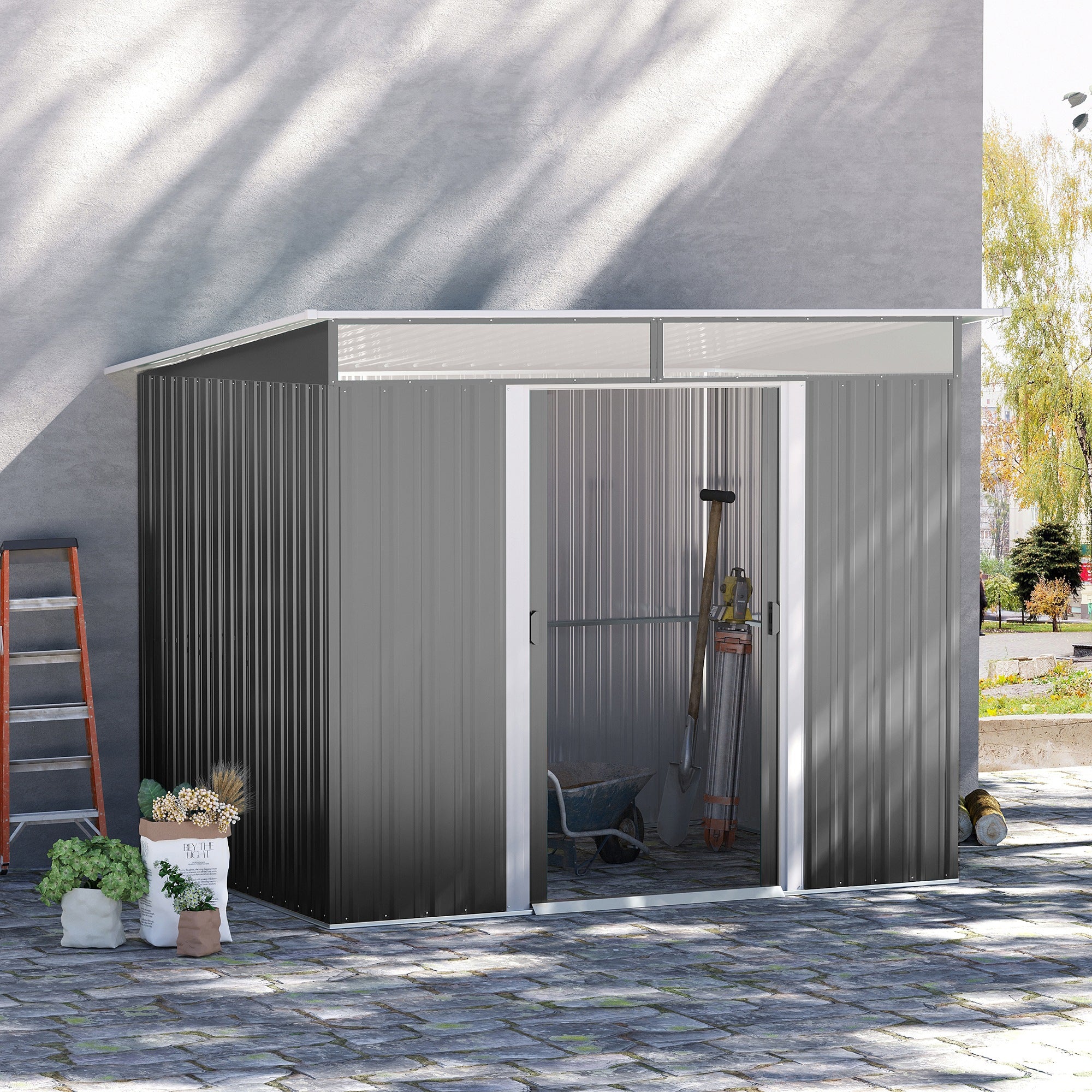 Outsunny Garden Metal Storage Shed House Hut Gardening Tool Storage w/ Tilted Roof and Ventilation 8.5 x 6ft, Grey - North Peak Garden Furniture