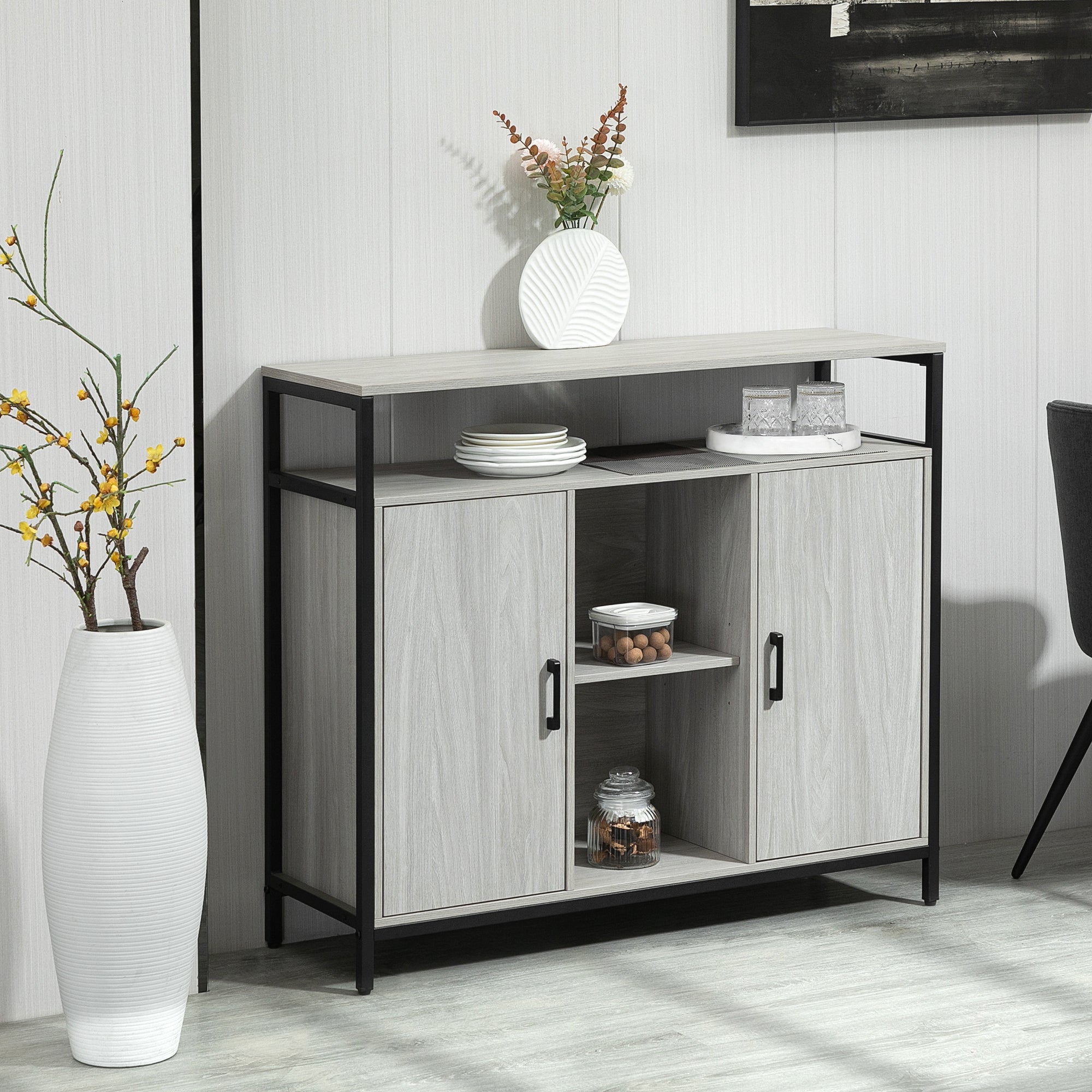 HOMCOM Modern Sideboard, Steel Frame Storage Cabinet with 2 Doors and Adjustable Shelves for Living Room, Hallway, Light Grey