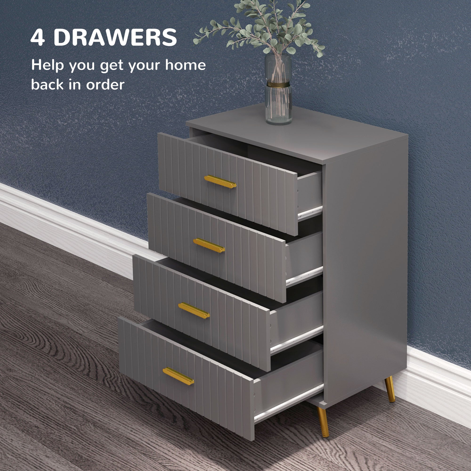 HOMCOM Four Drawer Embossed Line Dresser - Grey/Gold Tone - North Peak Garden Furniture