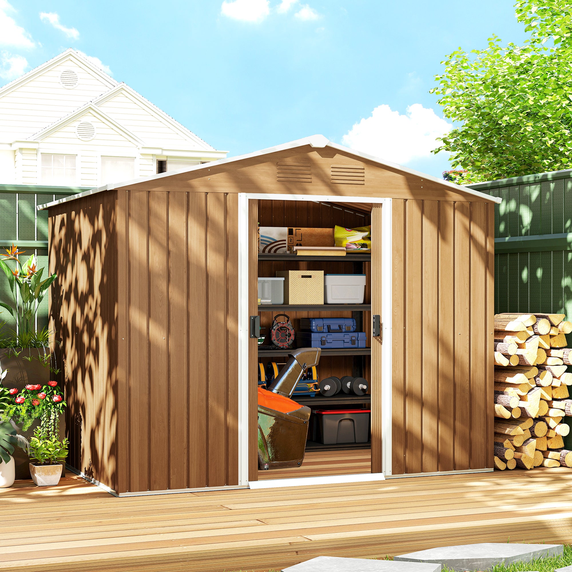 Outsunny 8 x 6ft Outdoor Garden Storage Shed, Metal Tool House with Ventilation and Sliding Doors Chocolate Wood Effect