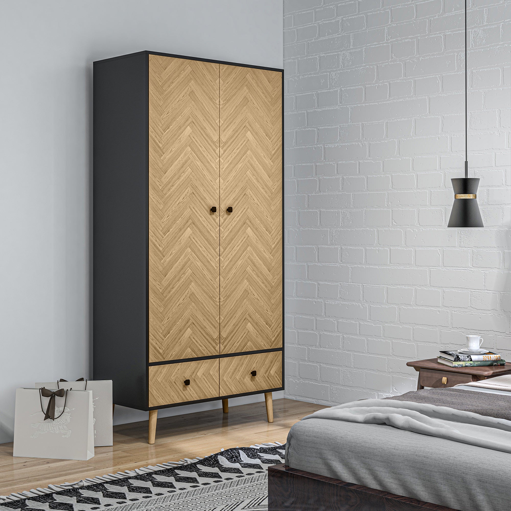 HOMCOM Modern Wardrobe Cabinet Wood Grain Sticker Surface with Shelf, Hanging Rod and 2 Drawers 90x50x190cm - North Peak Garden Furniture
