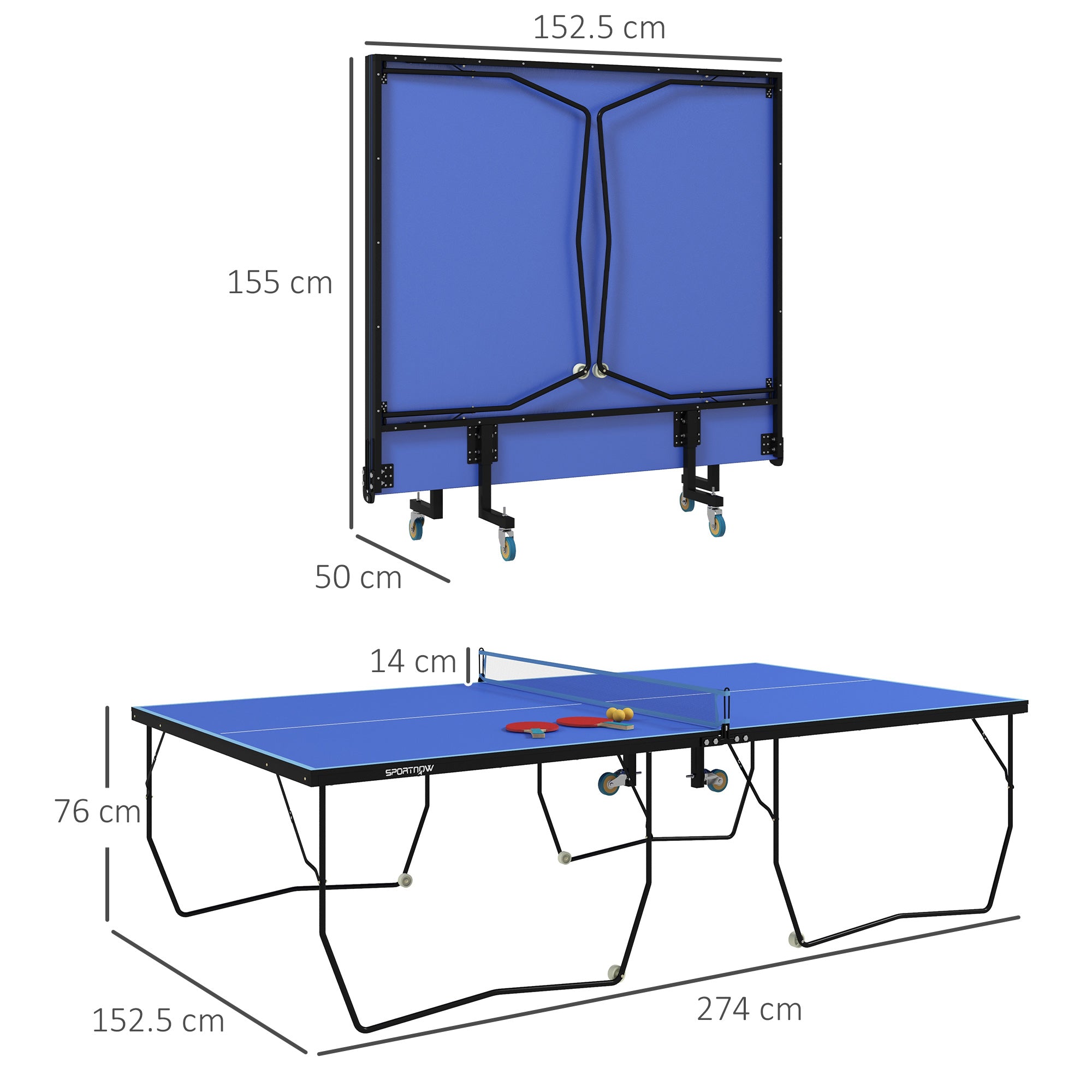 SPORTNOW 9FT Folding Table Tennis Table, with 8 Wheels, for Indoor Use - Blue - North Peak Garden Furniture