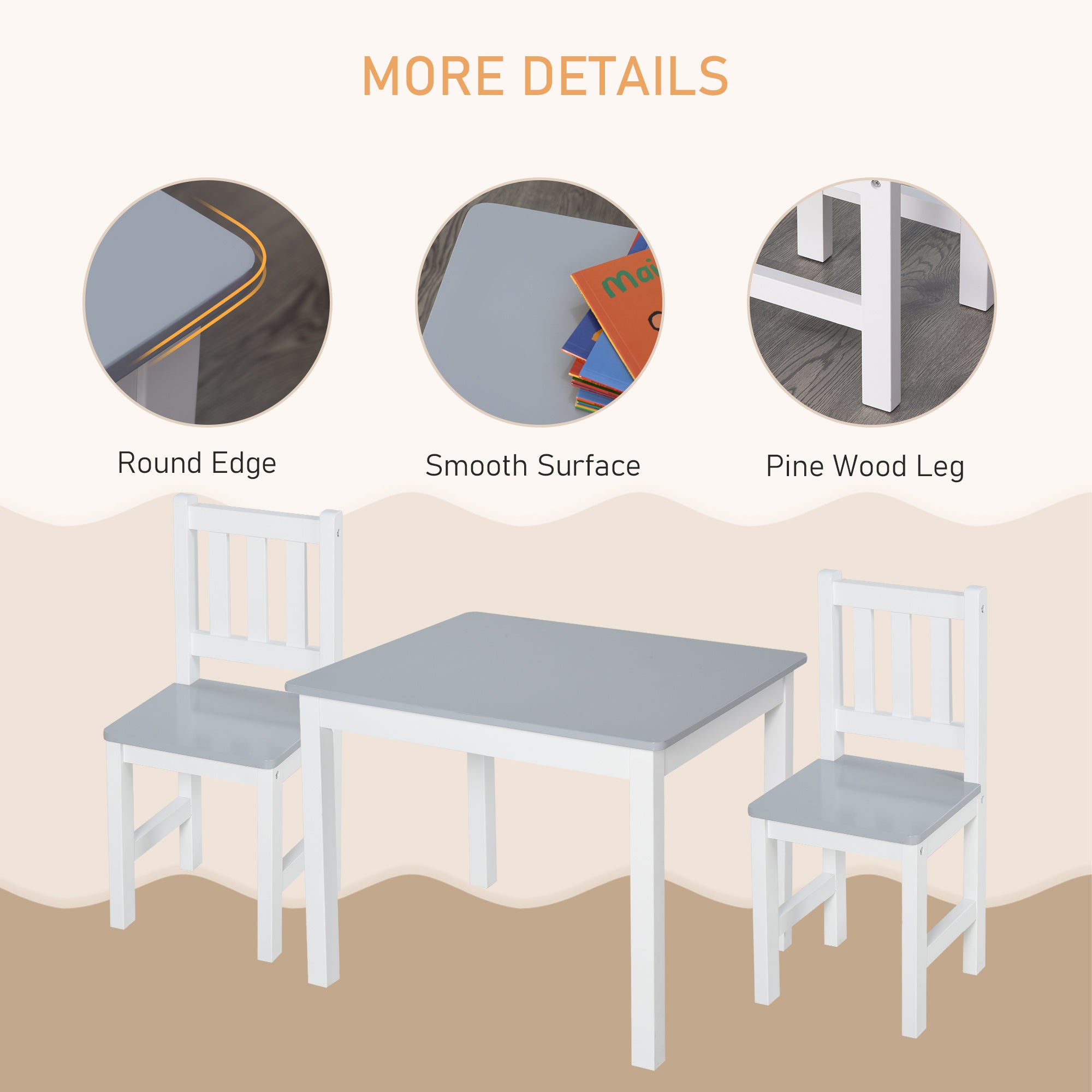 HOMCOM Kids Table and Chair Set 3 Pieces Toddler Preschoolers Desk with 2 Chairs for Indoor Study Rest Snack Time Grey - North Peak Garden Furniture