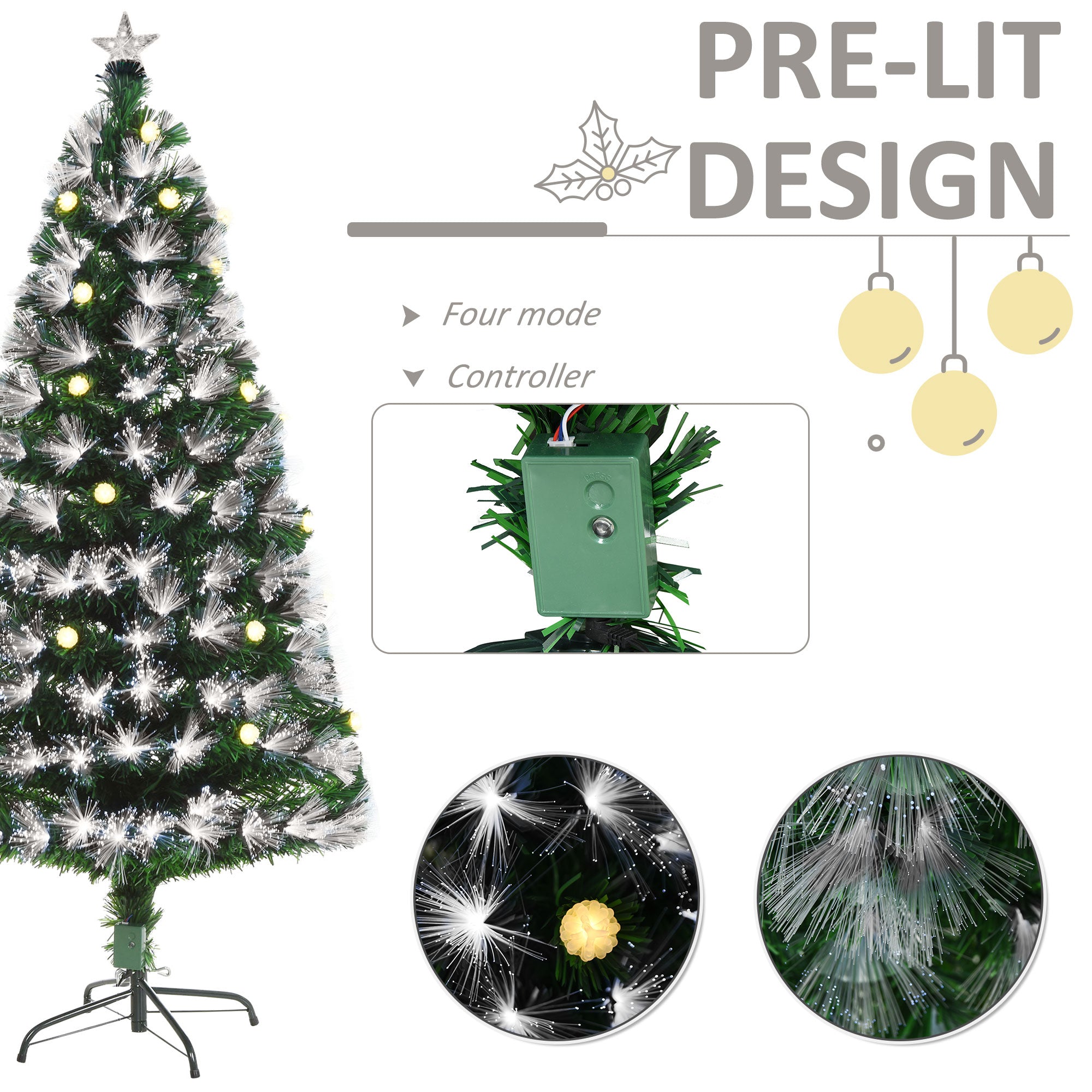 HOMCOM 5ft White Light Artificial Christmas Tree w/ 180 LEDs Star Topper Tri-Base Full Bodied Seasonal Decoration Pre-Lit Home - North Peak Garden Furniture