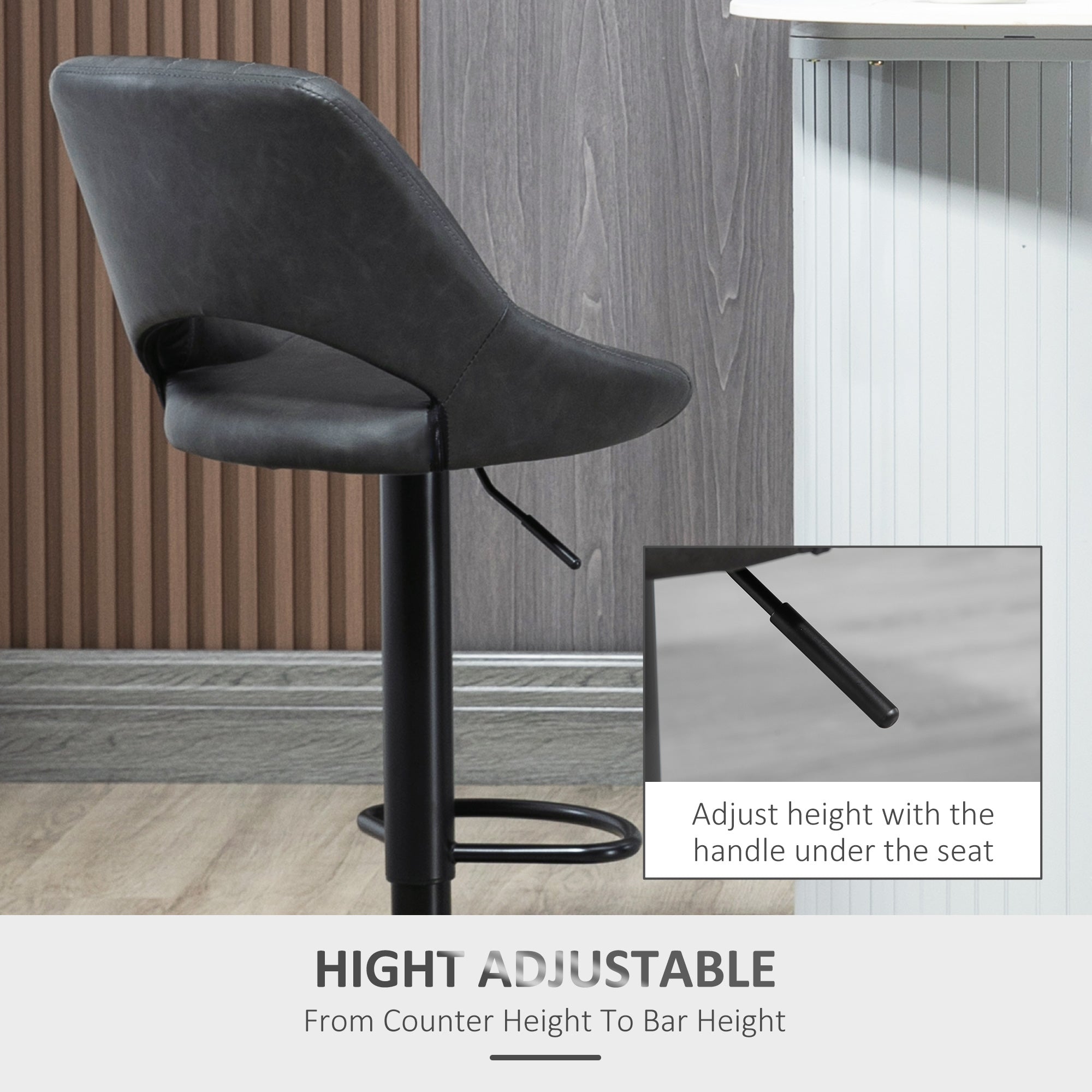 HOMCOM Barstools Set of 2 Adjustable Swivel Height Gas Lift PU Leather Counter Chairs with Footrest - North Peak Garden Furniture