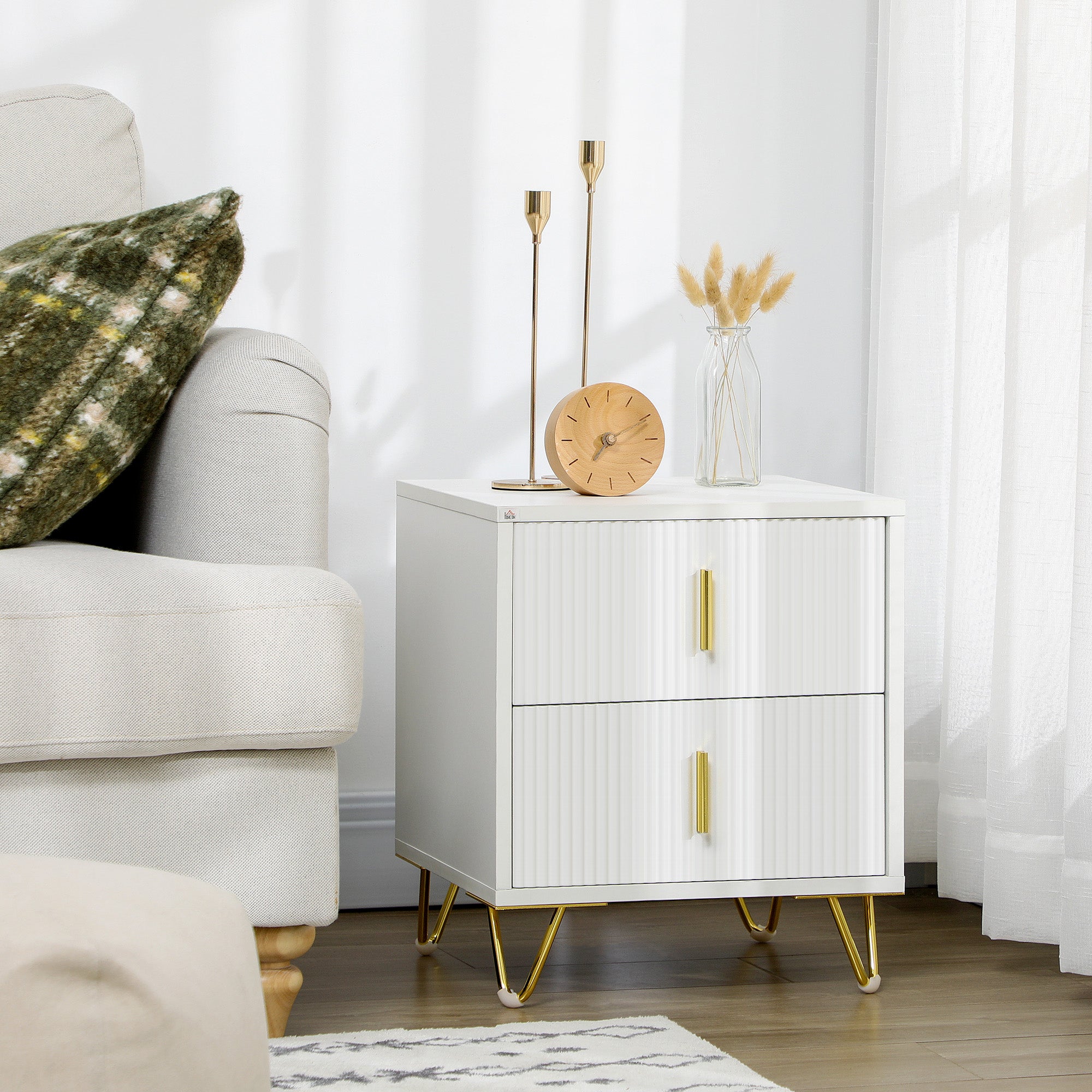 HOMCOM Bedside Table with 2 Drawers, Side End Table, Nightstand with Metal Frame for Living Room, Bedroom, White - North Peak Garden Furniture