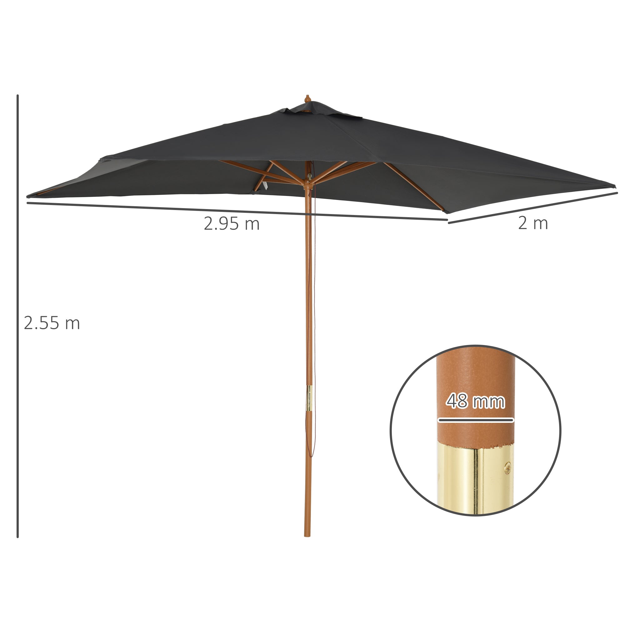 Outsunny 2 x 3m Wooden Garden Parasol Umbrella Outdoor Sun Shade Canopy, Dark Grey