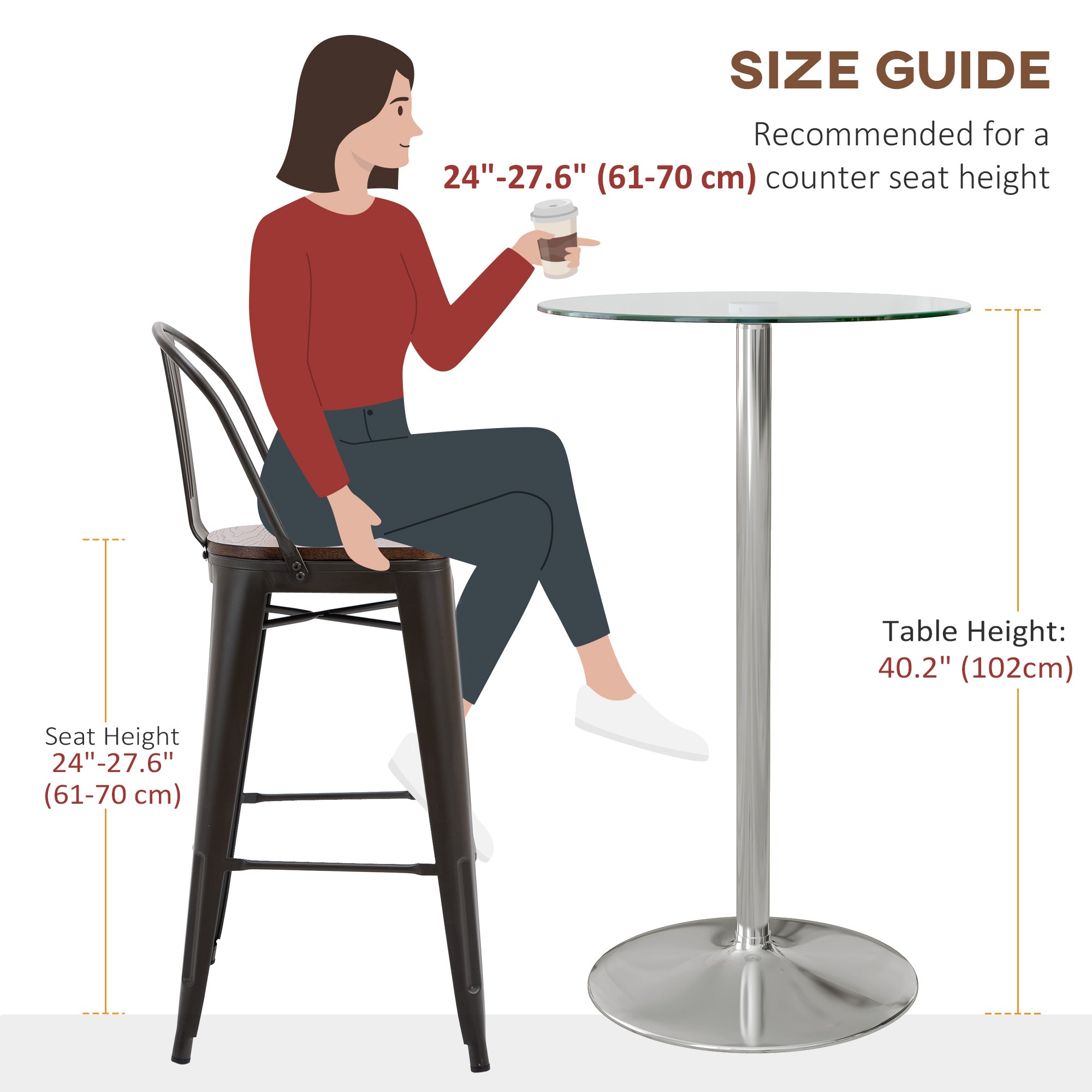 HOMCOM High Top Bar Table, Round Kitchen Table with Tempered Glass Top and Steel Base, Bistro Table for 2 People, Clear