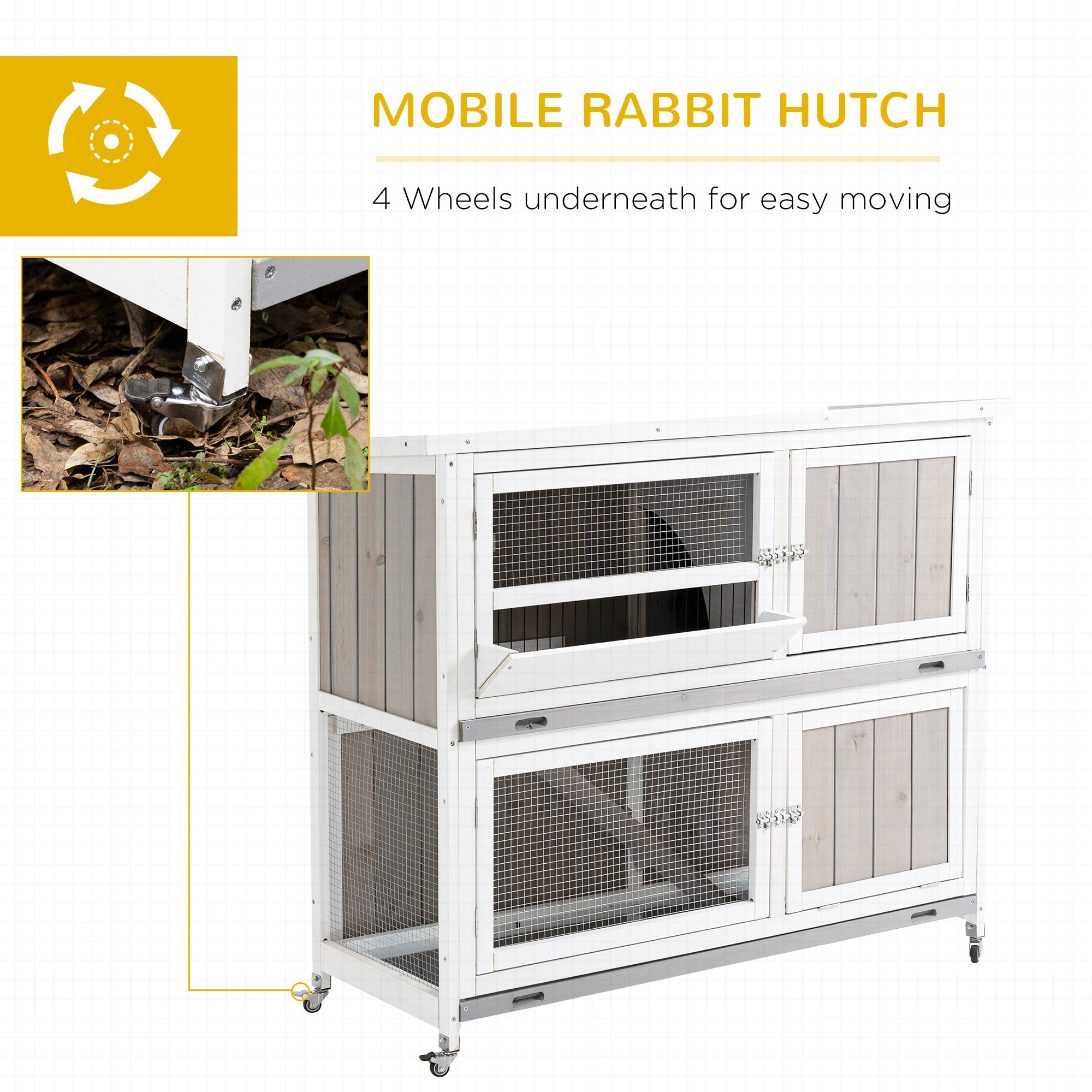 PawHut Rabbit Hutch Outdoor Guinea Pig Hutch Wooden Bunny House with Rain Cover Wheels for Indoor Outdoor, 122 x50 x100cm - Grey - North Peak Garden Furniture