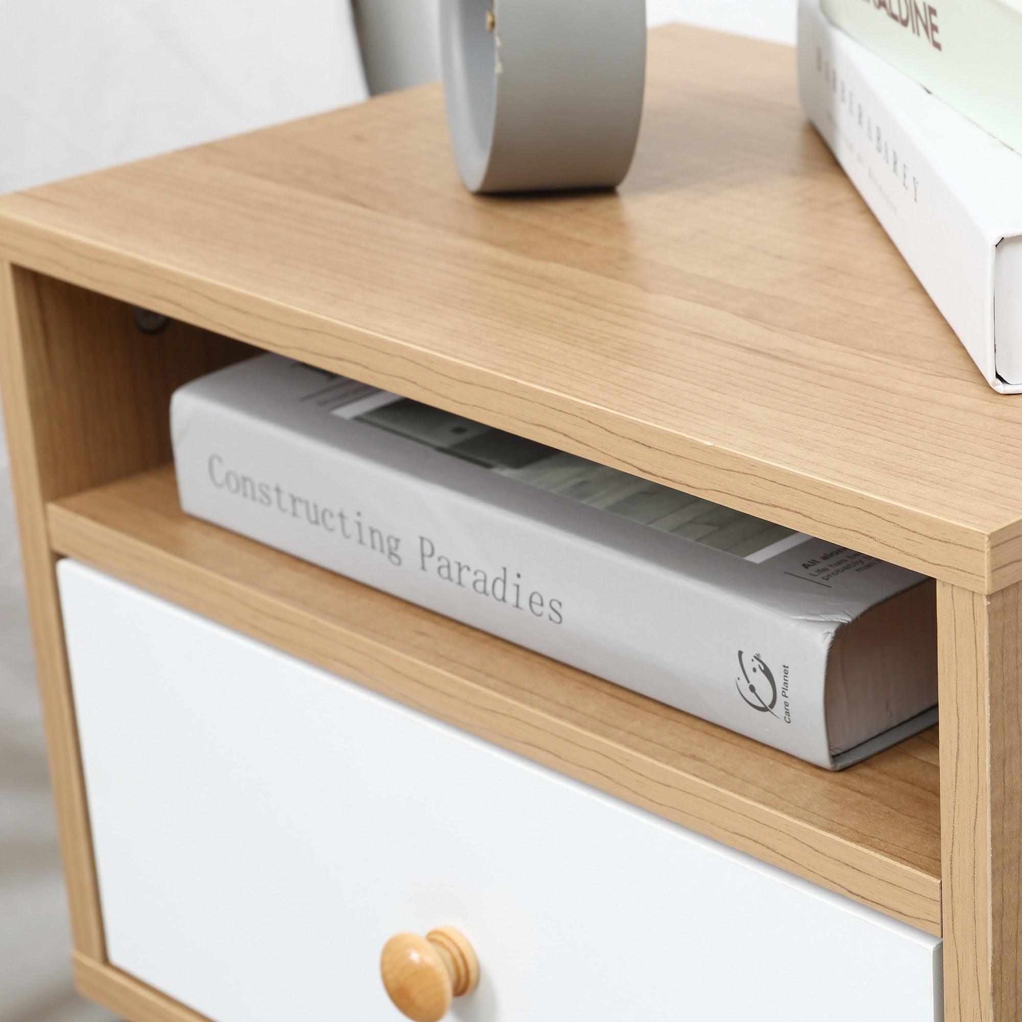 HOMCOM Bedside Table, Bedside Cabinet with Drawer and Shelf, Modern Nightstand, End Table for Living Room, Bedroom, Set of 2, Natural - North Peak Garden Furniture