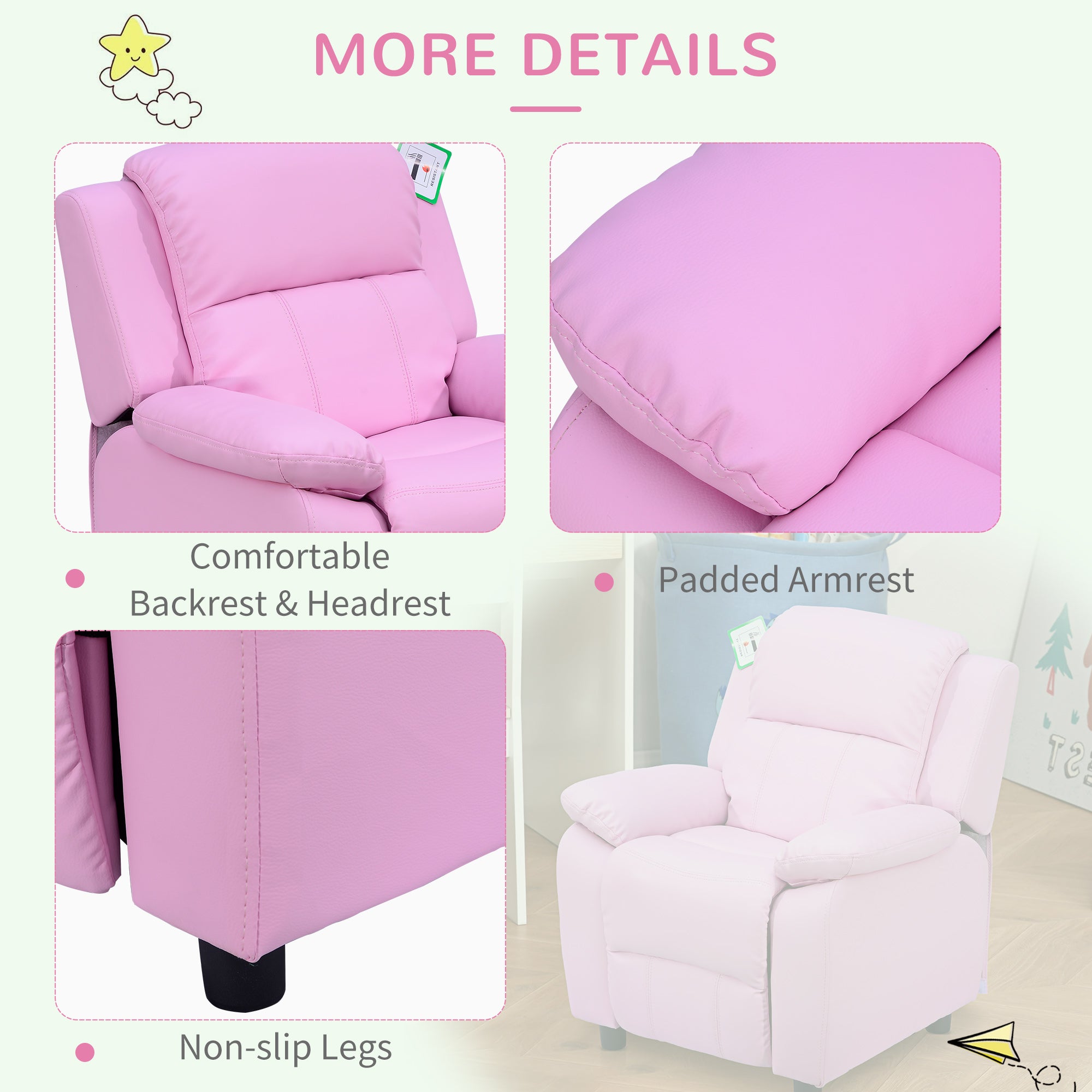 HOMCOM Kids Sofa Armchair Toddler Recliner Children's Chair Lounger Games Chair PU Leather w/ Storage (Pink) - North Peak Garden Furniture