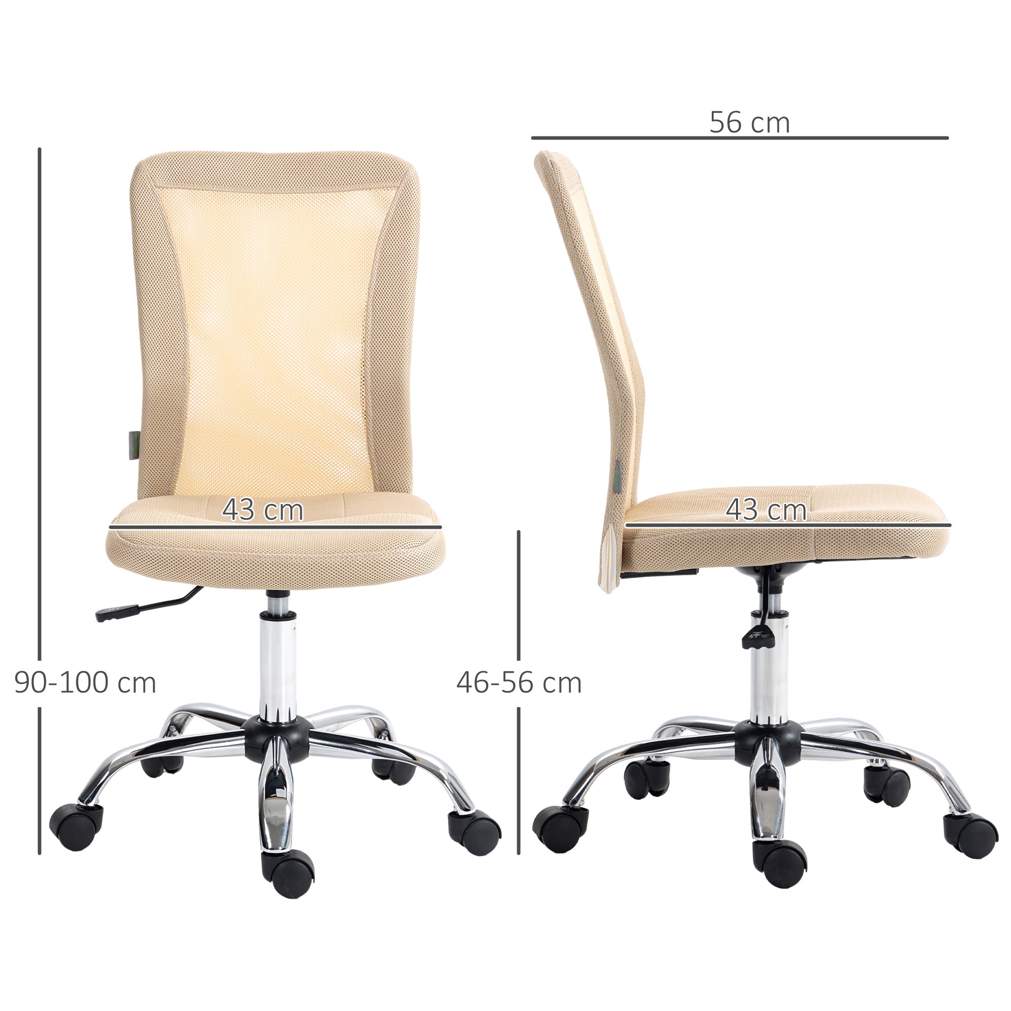 Vinsetto Computer Desk Chair, Mesh Office Chair with Adjustable Height and Swivel Wheels, Armless Study Chair, Beige - North Peak Garden Furniture