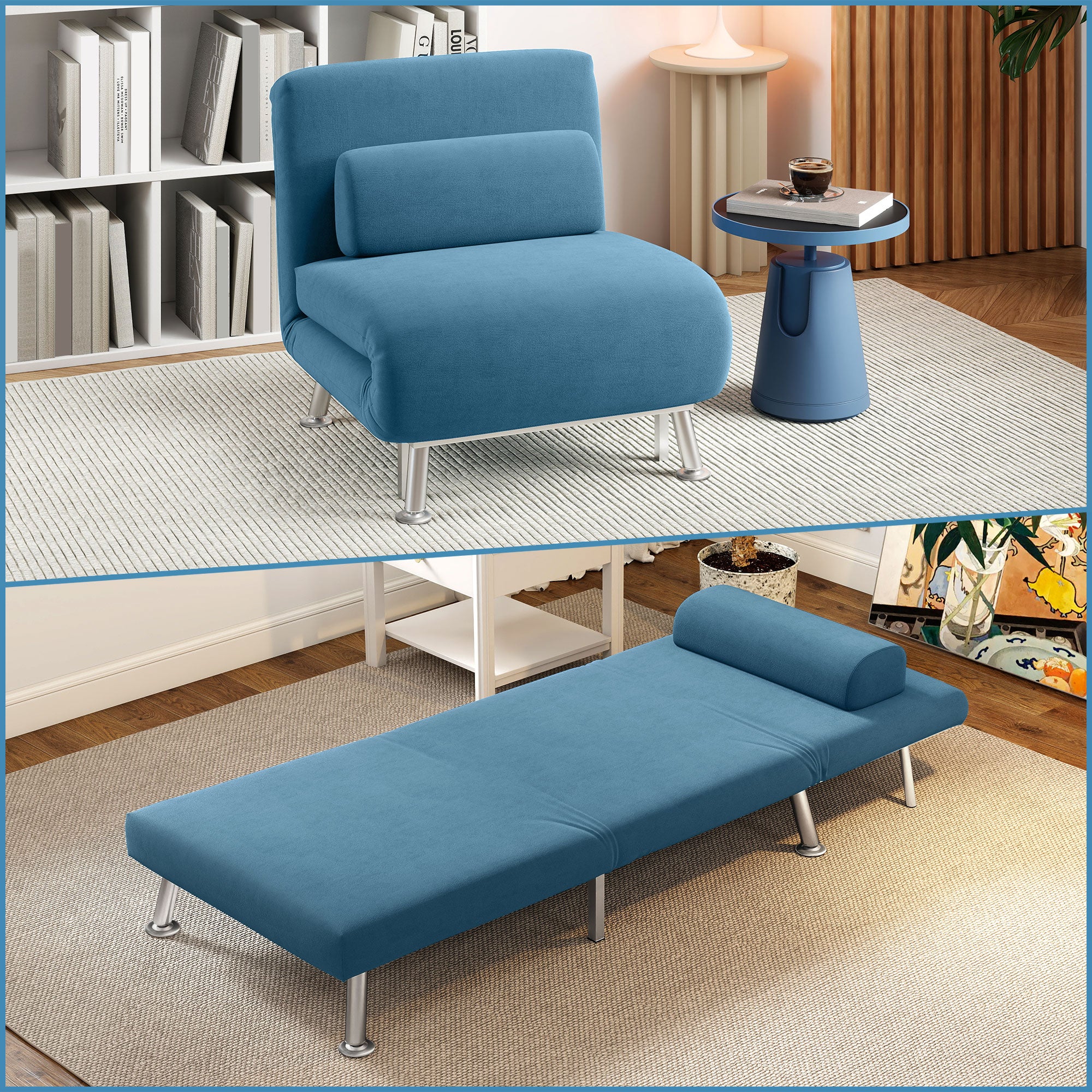 HOMCOM Single Velvet-Feel Sleeper Chair - Blue