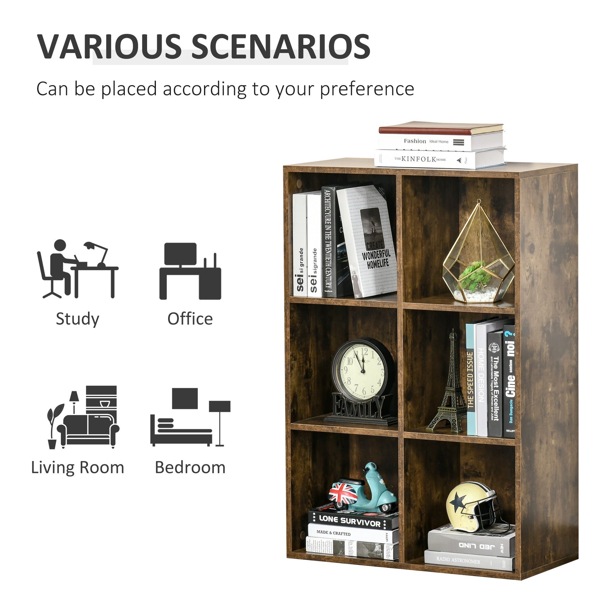 HOMCOM Six-Cube Bookcase - Rustic Brown Wood Effect