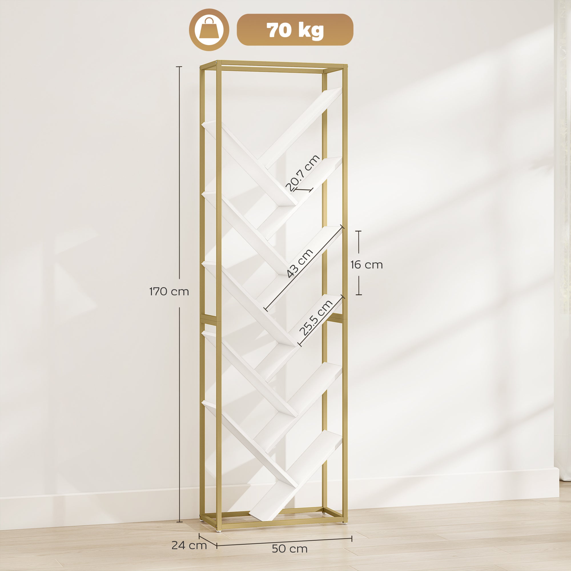 HOMCOM 10 Shelf Modern-Style Bookshelf - Gold Tone/White