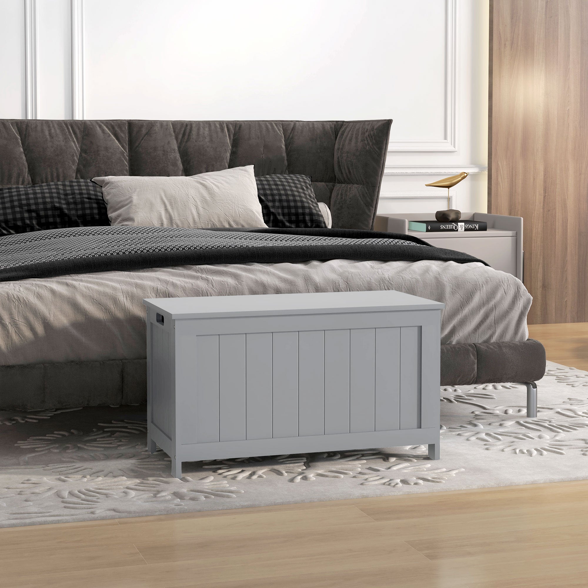 HOMCOM Storage Chest, Modern Storage Trunk with 2 Safety Hinges and Cut-out Handles, Wooden Toy Box for Living Room, Entryway, 76 x 40 x 48 cm, Grey - North Peak Garden Furniture