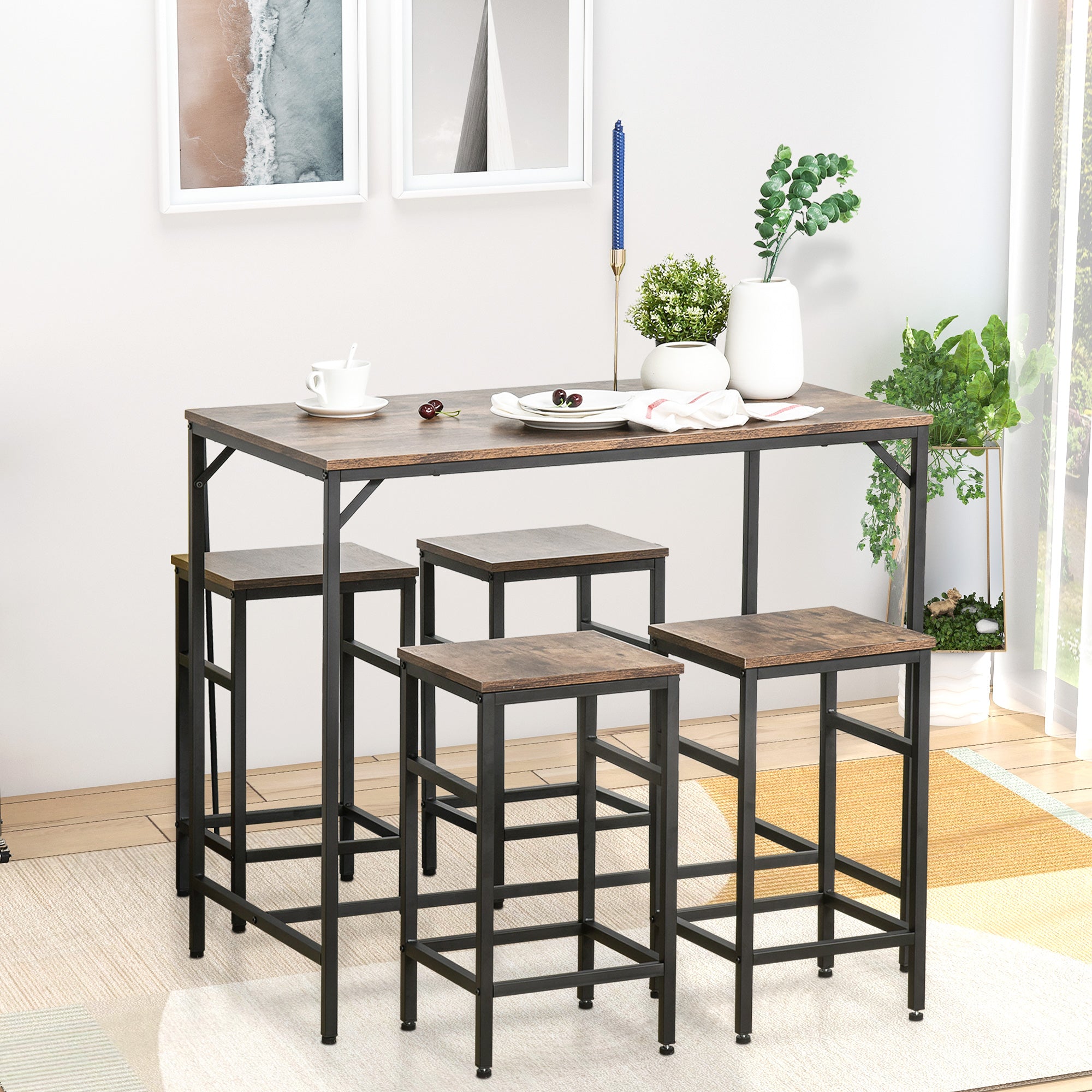 HOMCOM Industrial Rectangular Bar Table Set with 4 Stools for Dining Room, Kitchen, Dinette - North Peak Garden Furniture
